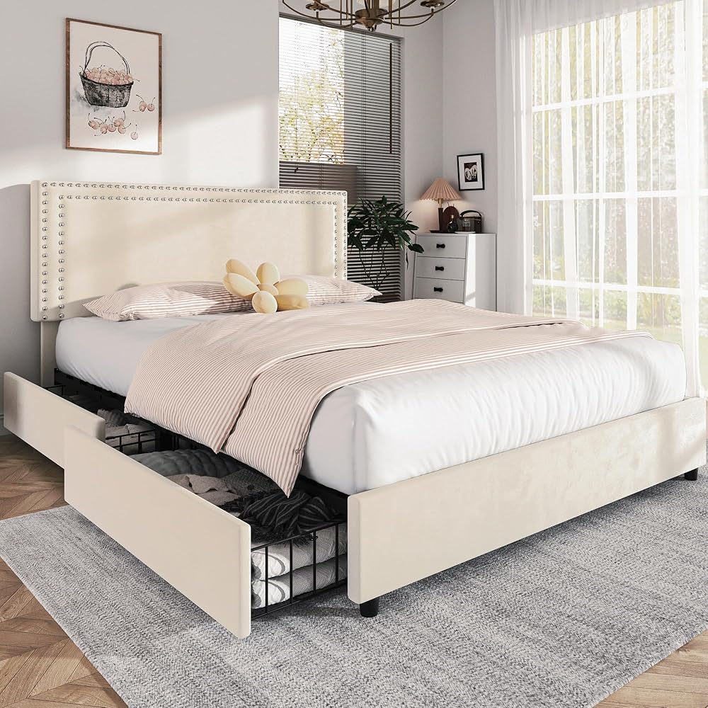 VECELO Queen Size Upholstered Bed Frame with 4 Storage Drawers, Adjustable Velvet Rivet Decor Headboard, Wooden Slats Platform Support, No Box Spring Needed, Easy Assembly : Home & Kitchen