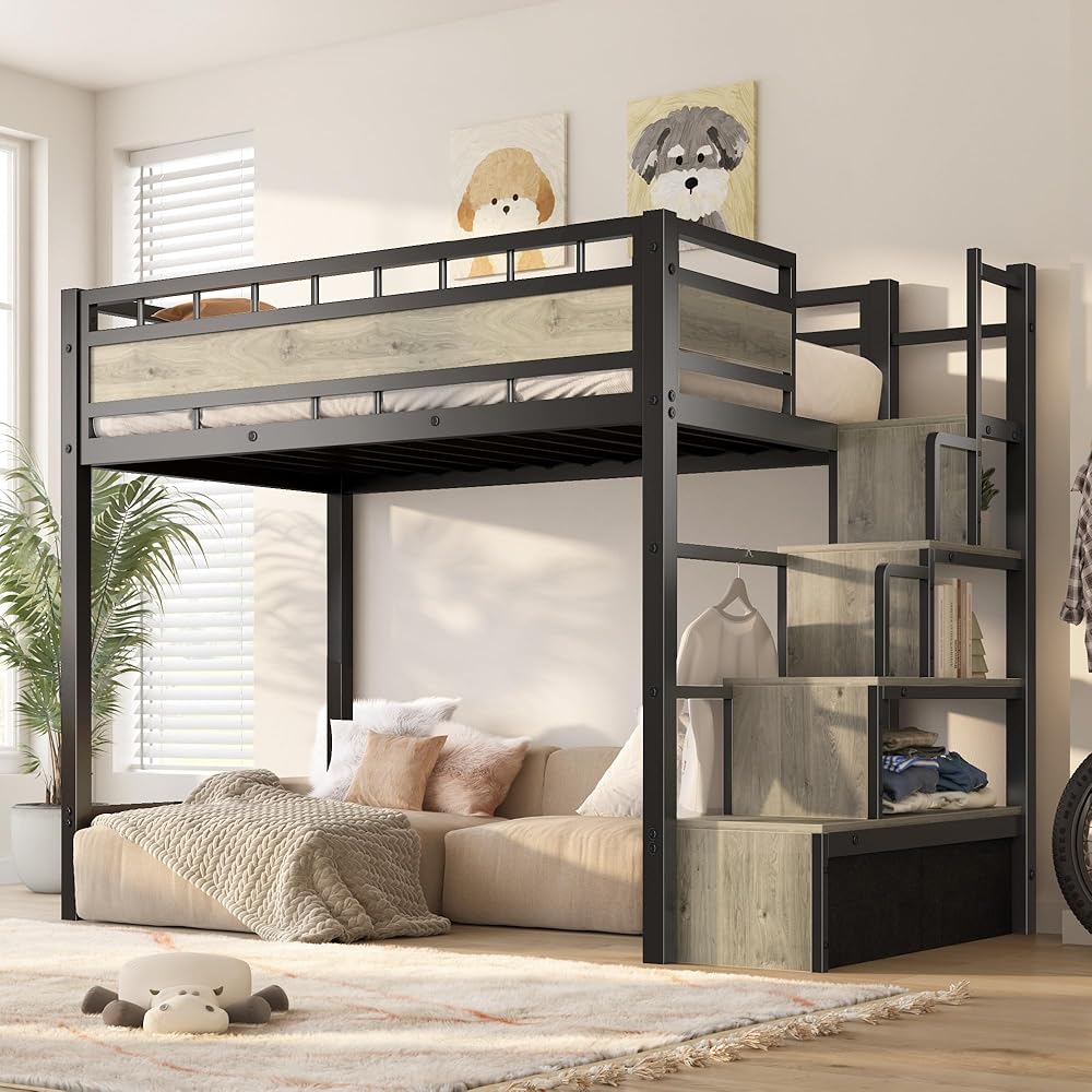 SogesSleep Loft Bed Twin Size with Stairs, Heavy Duty Metal Loft Bed Frame with Storage and Large Under-Bed Space for Teens and Junior, Space Saving Design & No Box Spring Needed, Black : Home & Kitchen