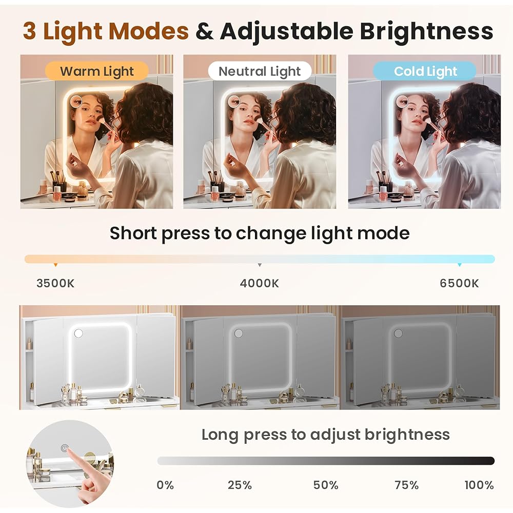 Pamapic 11 Drawers Vanity Desk with Foldable Mirror, Glass Top Makeup Vanity with LED Lights, 3 Lighting Modes, Golden Handles Dressing Table with Chair and Power Outlet : Home & Kitchen