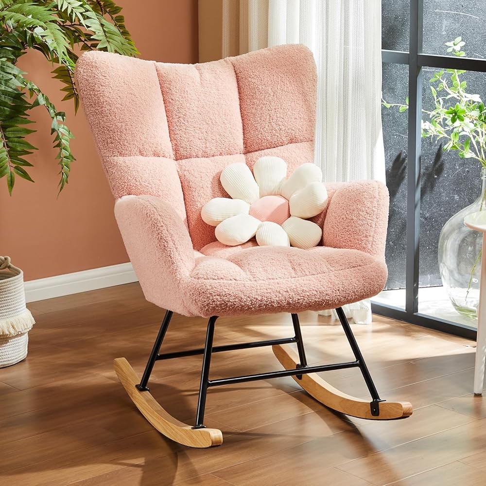 Sweetcrispy Rocking Chair Nursery, Teddy Upholstered Glider Rocker with High Backrest, Reading Chair Modern Rocking Accent Chairs Glider Chair for Nursery, Living Room, Bedroom, Baby Pink : Home & Kitchen
