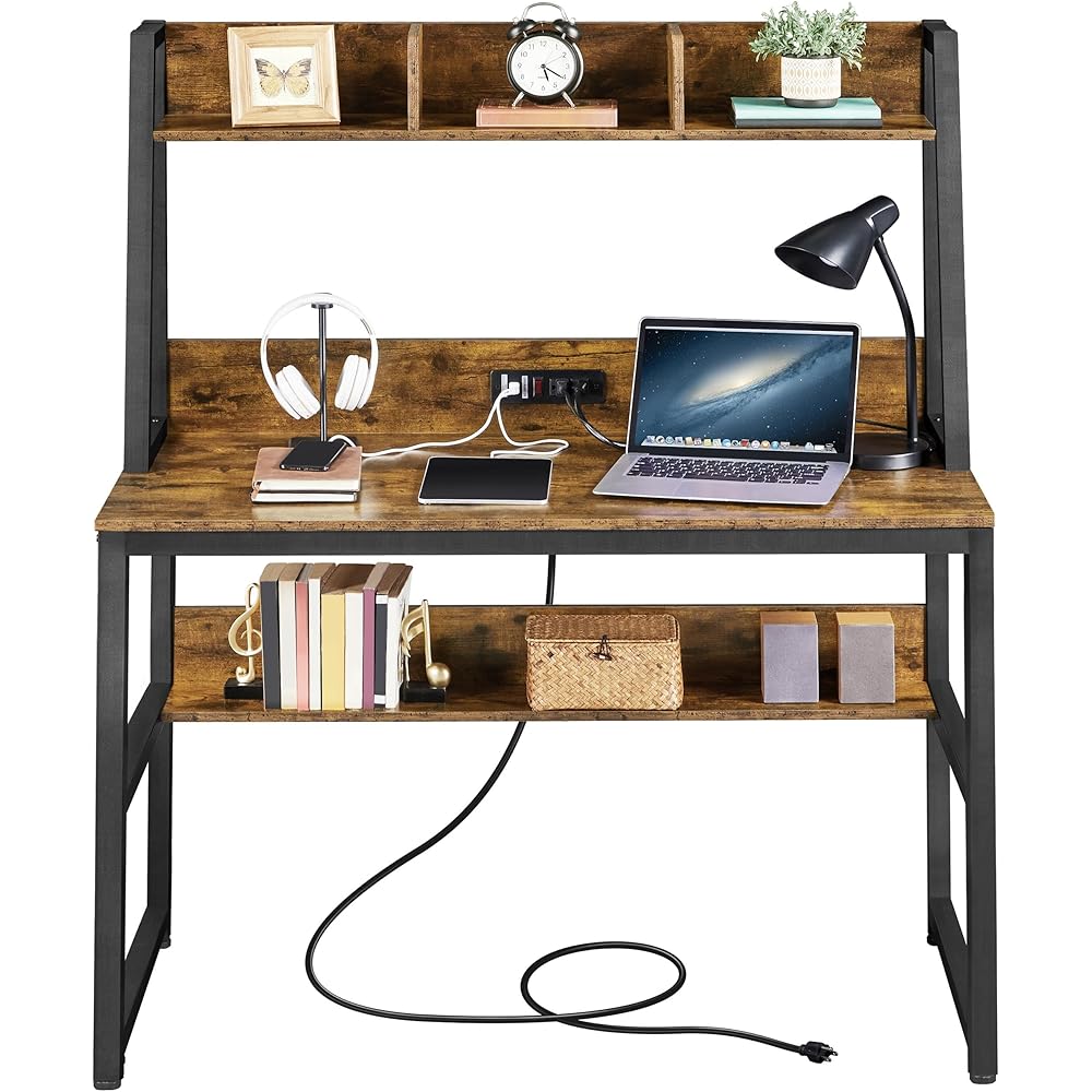 Yaheetech 47 in Modern Computer Desk with Power Outlets and 2 USB Ports, Home Office Study Writing Desk with Hutch and Bookshelf, Large Workstation Gaming Table with Charging Station, Rustic Brown : Home & Kitchen