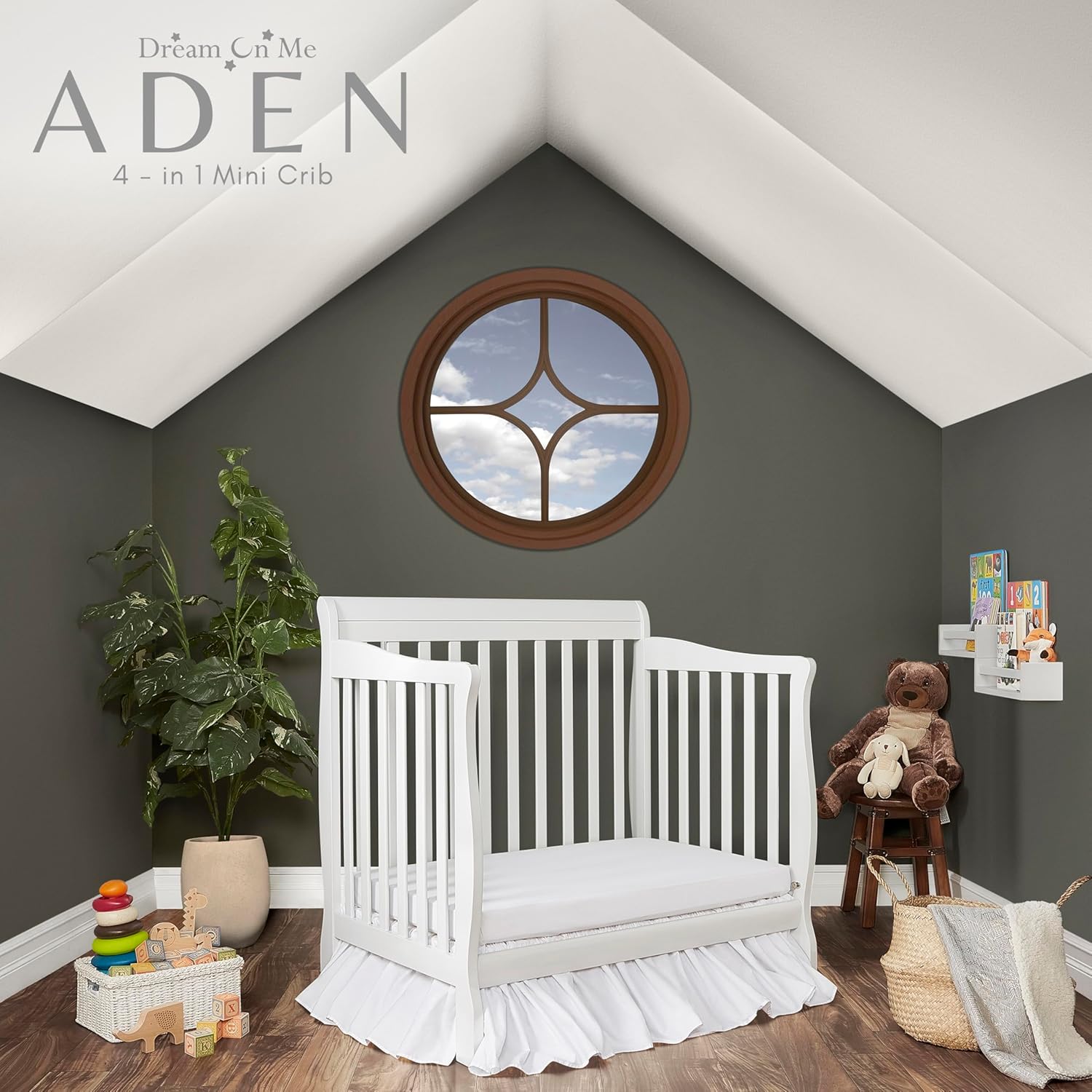 : Dream On Me Aden 4-in-1 Convertible Mini Baby Crib in White, GreenGuard Gold & JPMA, Sustainable Pinewood, Non-Toxic Finish, 3-Levels, Converts to Mini Day & Twin-Size Bed (Rail Sold Separately) : Baby