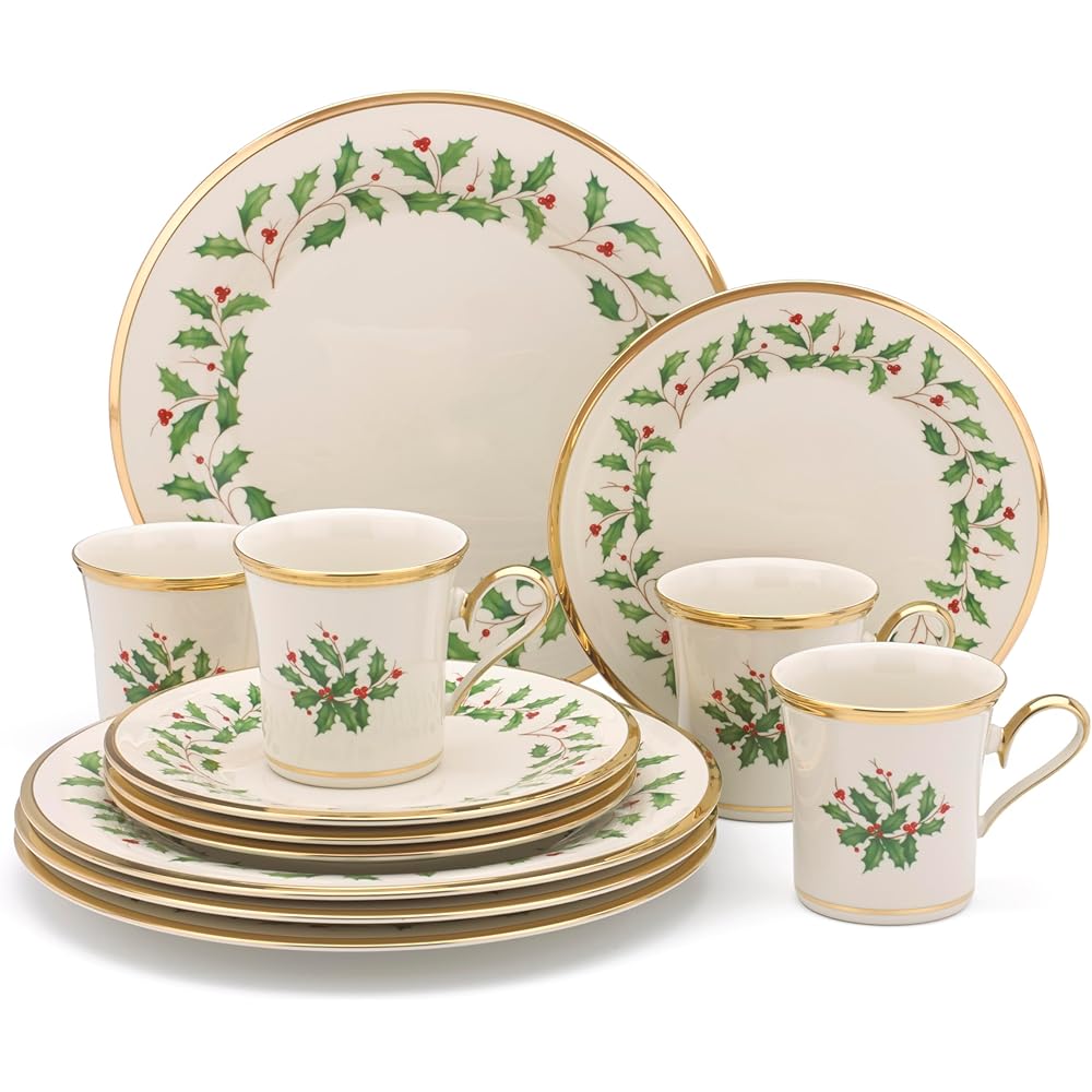 Lenox 6122048 Holiday 12-Piece-Plate-&-Mug Set, Christmas Dinnerware, Hosting