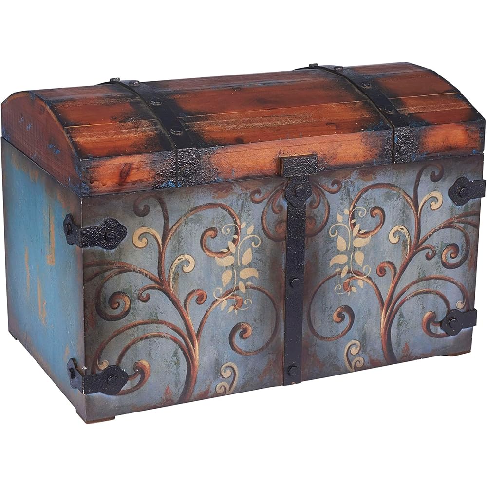 Household Essentials Vintage Wood Storage Trunk, Large, Blue Body/Brown Lid/Floral Design : Home & Kitchen