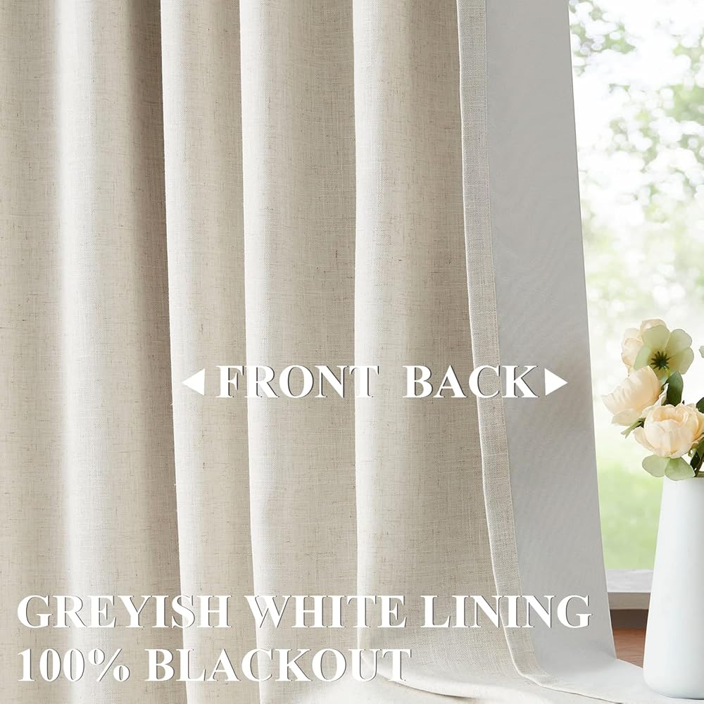 Vision Home Natural Pinch Pleated Full Blackout Curtains Linen Blended Room Darkening Window Curtains 102 inch for Living Room Bedroom Thermal Insulated Pinch Pleat Drapes with Hooks 60