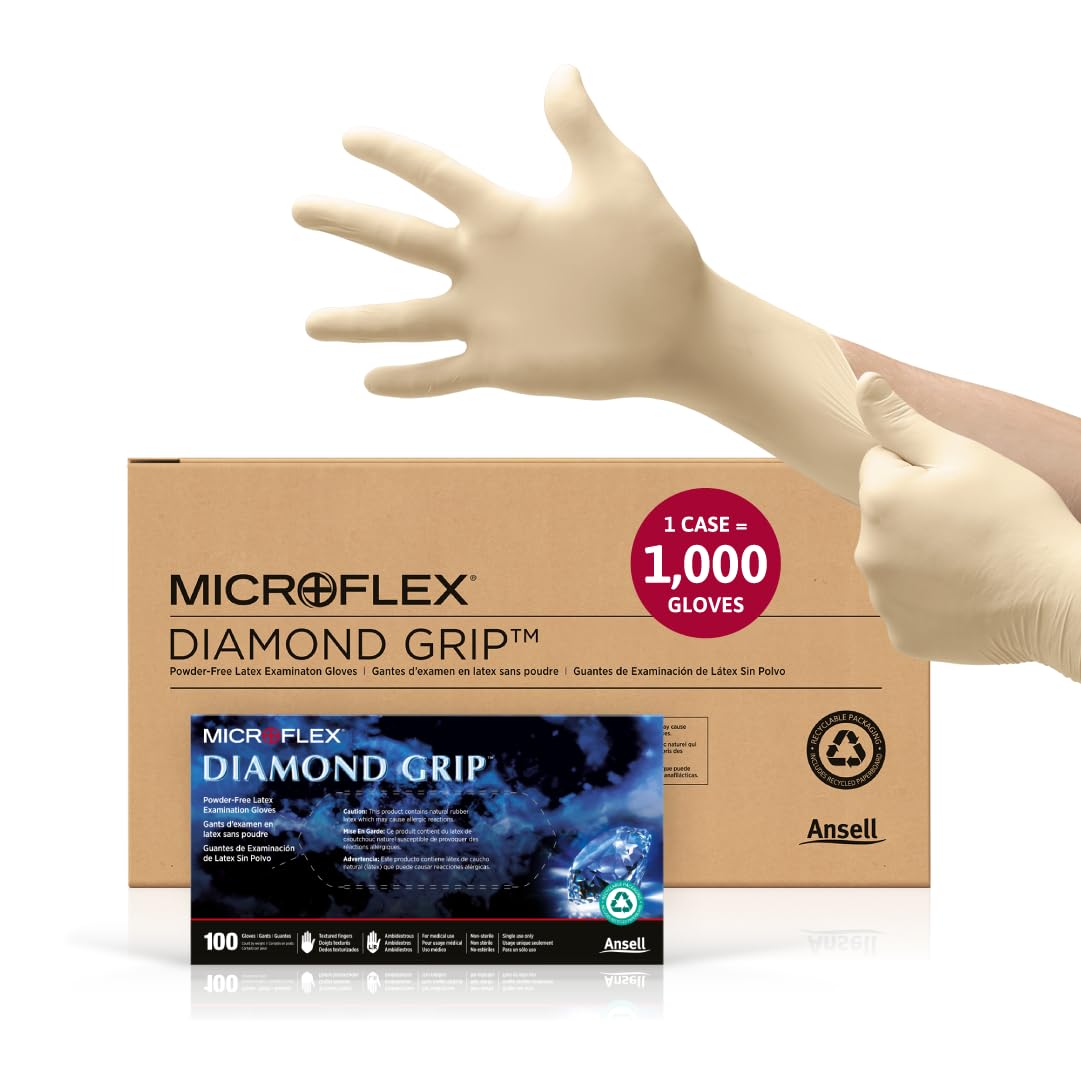Ansell MICROFLEX Diamond Grip MF-300 Disposable Latex Gloves for Automotive, Healthcare, Machinery Industries - Large, Natural (Case of 1000): Science Lab Controlled Environment Gloves: Industrial & Scientific