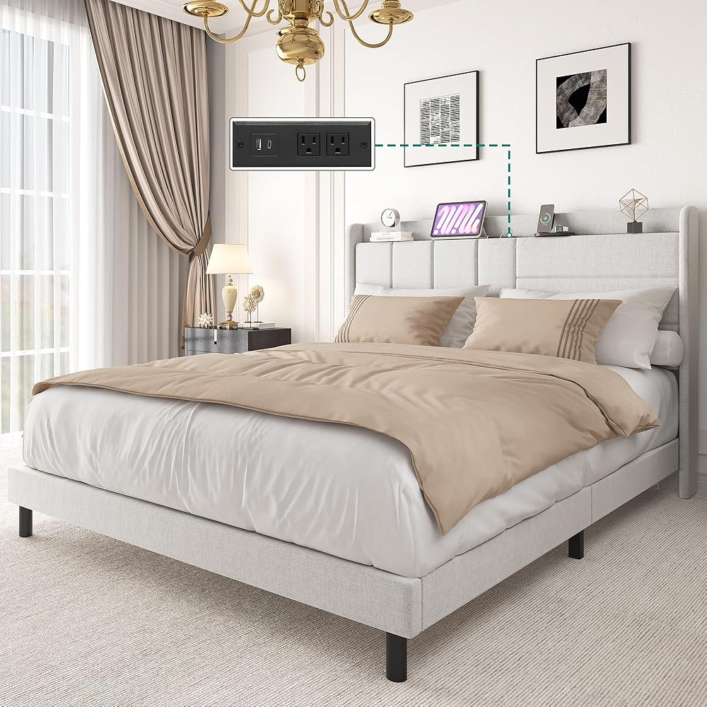 YITAHOME Queen Size Upholstered Bed Frame Bed Frame with Storage Headboard and Charging Station, Solid Wood Slats Support, No Box Spring Needed, Noise-Free, Beige : Home & Kitchen