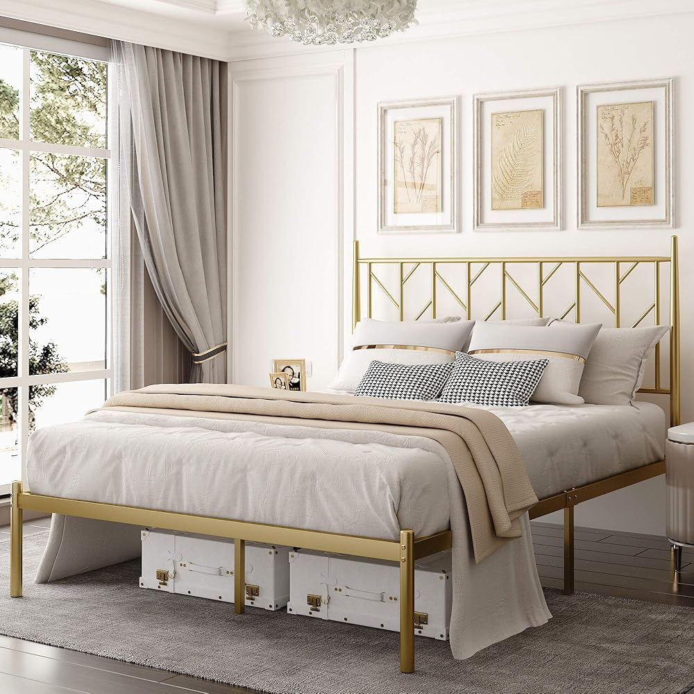 Allewie Queen Size Platform Bed Frame with Vintage Headboard, 14 Inches Metal Mattress Foundation for Storage, No Box Spring Needed, Easy Assembly, Modern, Gold : Home & Kitchen
