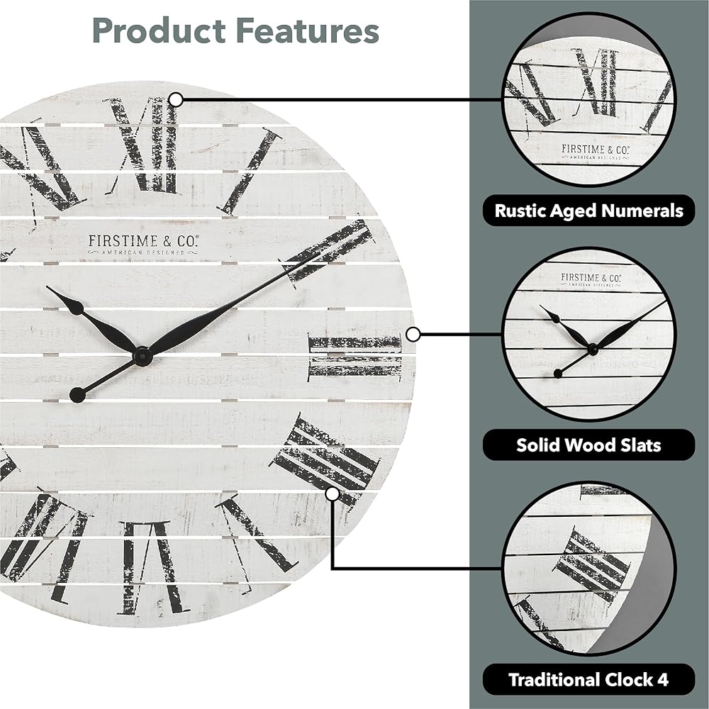 FirsTime and Co. Farmhouse Shiplap Wall Clock, American Crafted, White, Wood, 29 x 2 x 29 in White : Home & Kitchen
