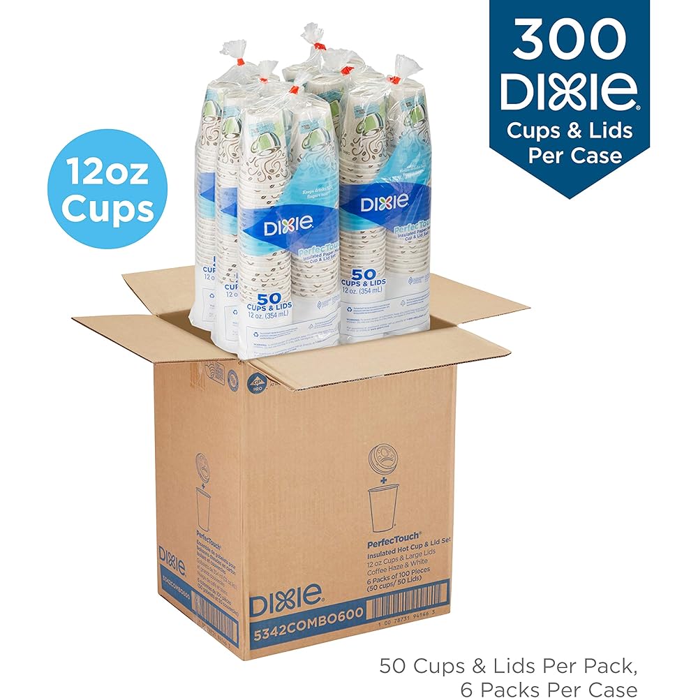 Dixie PerfecTouch 12 oz. Insulated Paper Hot Coffee Cup and Lid Set by GP PRO (Georgia-Pacific) Coffee Haze and White, 5342COMBO600, 300 Cups and 300 Lids (50 Cups and Lids Per Pack, 6 Packs Per Case) : Health & Household