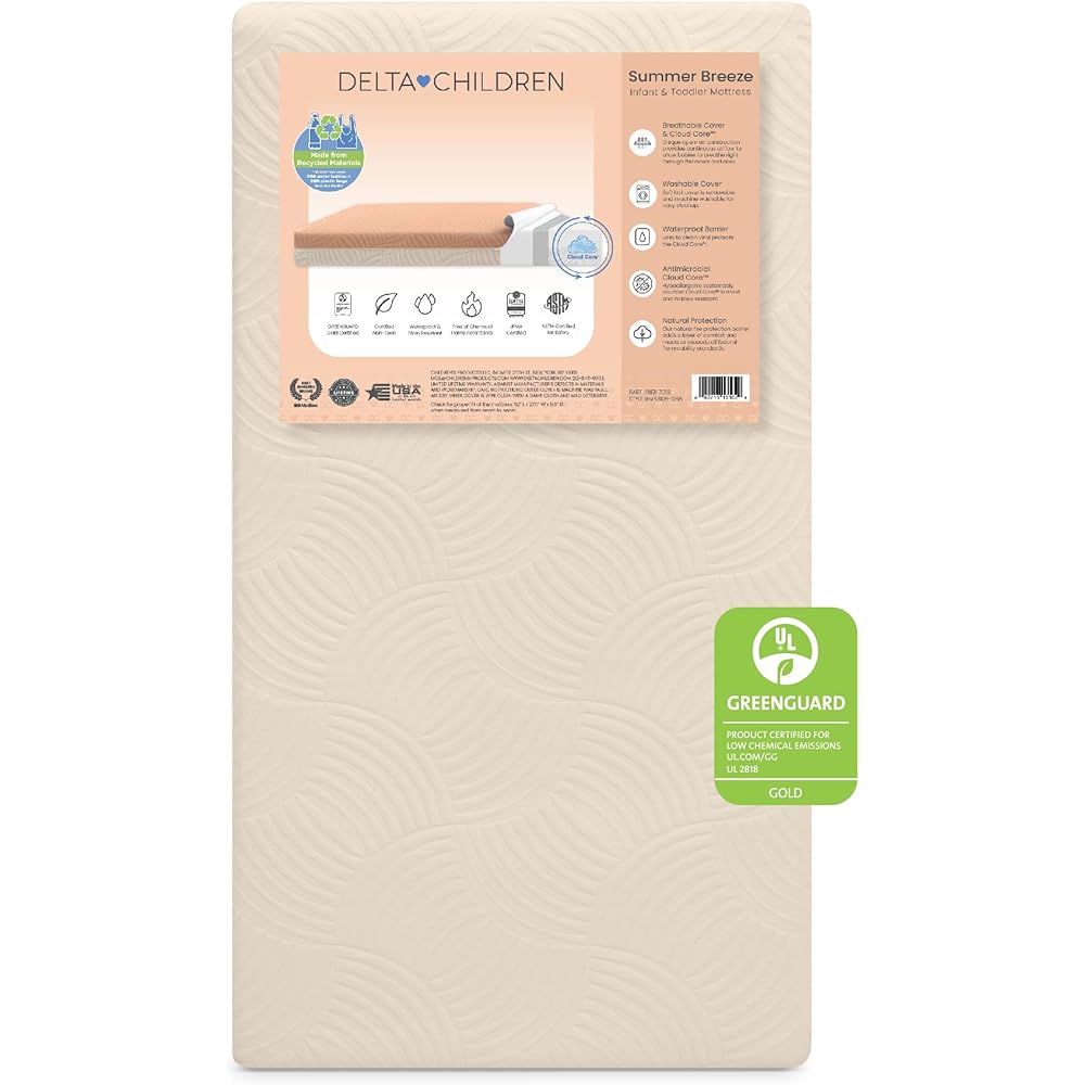 : Delta Children Summer Breeze Mattress - Breathable Baby Crib & Toddler Mattress with Cloud Core - Machine Washable Cover - GREENGUARD Gold 鈥?Waterproof - Sustainably Sourced Core, Apricot/White : Baby