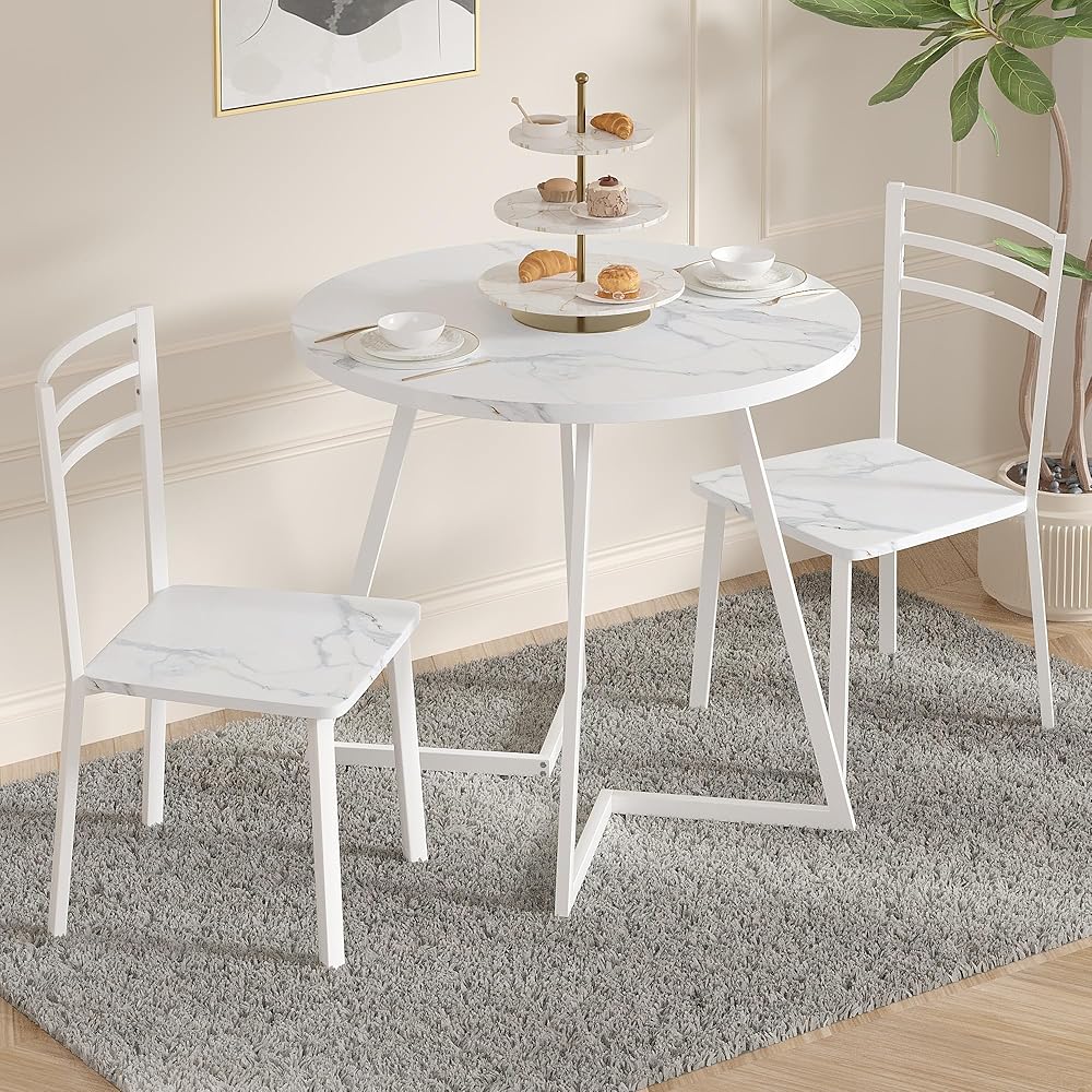 - VECELO Small Round Dining Table Set for 2, Wood Tabletop with Strong Metal Frame, Modern Dinette with Chairs for Kitchen, Breakfast Nook Living Room, Faux Marbled & White - Table & Chair Sets