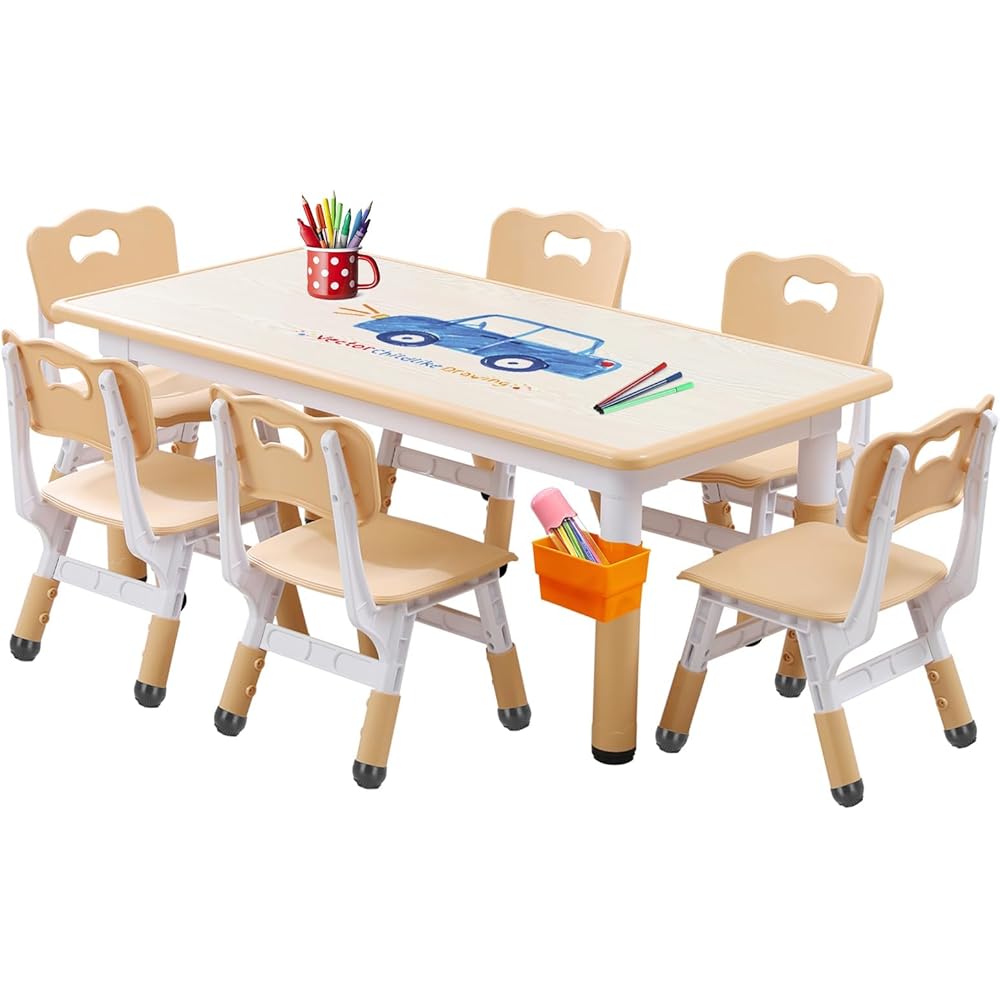 Kids Table and Chairs Set, Height Adjustable Desk With 6 Seats for Ages 3-12,Arts & Crafts Table,Graffiti Desktop, Non-Slip Legs, Max 300lbs, Children Multi-Activity Table for Classrooms,Daycares,Home : Home & Kitchen