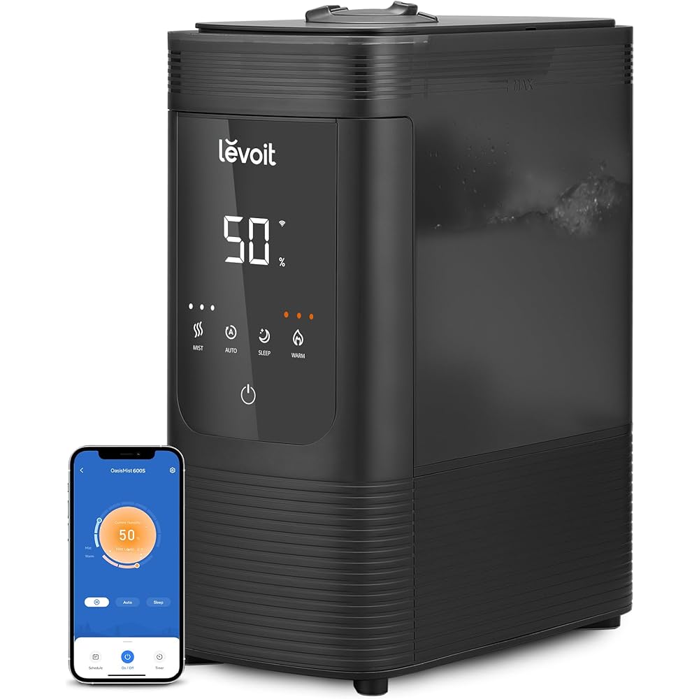 LEVOIT 6L Smart Warm and Cool Mist Humidifiers for Home Bedroom, 60H Runtime and Auto Customized Humidity for Large room, Schedule, Easy Top Fill, Essential Oil Diffuser, Whisper-Quiet, Handle, Black : Home & Kitchen