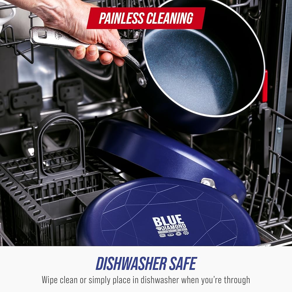 Blue Diamond 14 Piece Nonstick Cookware Set, Diamond Ceramic Pots & Pans, Dishwasher & Metal Utensil Safe, Non Toxic PFAS-Free, Kitchen Cooking Sauce & Saute Pans, Oven & Broiler to 600F, Blue: Home & Kitchen