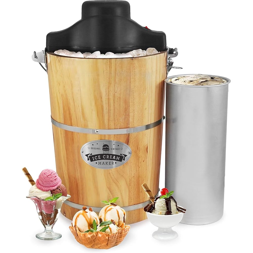 Elite Gourmet EIM916X Old Fashioned 6 Quart Vintage Wood Bucket Electric Ice Cream Maker Machine Appalachian, Bonus Classic Die-Cast Hand Crank for Churning, Uses Ice and Rock Salt