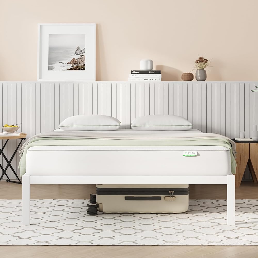 Novilla Full Size Bed Frame Without Headboard, Metal Platform Bed Frame, No Box Spring Needed, Heavy Duty, Wood Slat Support, Easy Assembly, White : Home & Kitchen