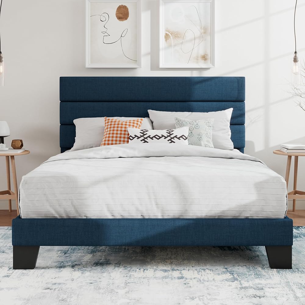 SHA CERLIN Full Platform Bed Frame with Upholstered Fabric Headboard, Mattress Foundation with Strong Wooden Slats Support, No Box Spring Needed, Blue : Home & Kitchen