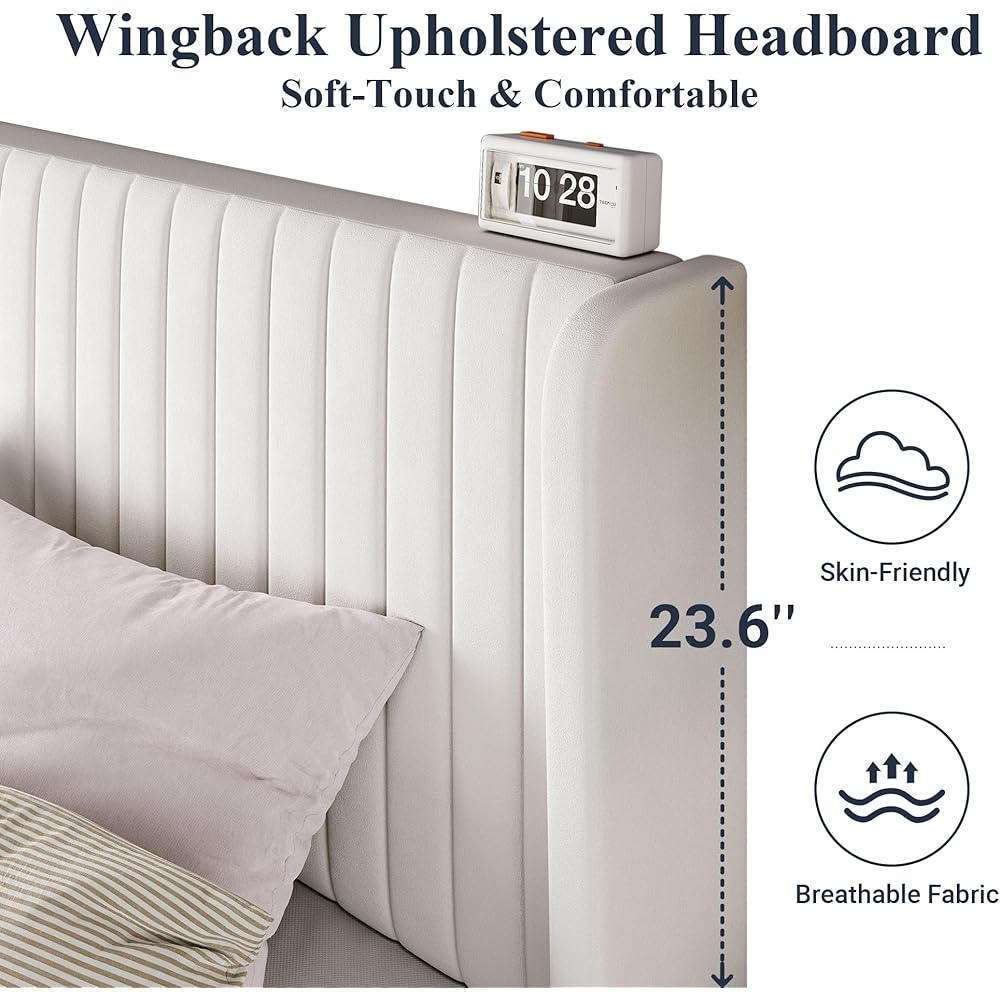 Allewie Full Size Velvet Bed Frame/Vertical Channel Tufted Wingback Headboard/Upholstered Platform Bed/Strong Wooden Slats/No Box Spring Needed/Easy Assembly/White : Home & Kitchen