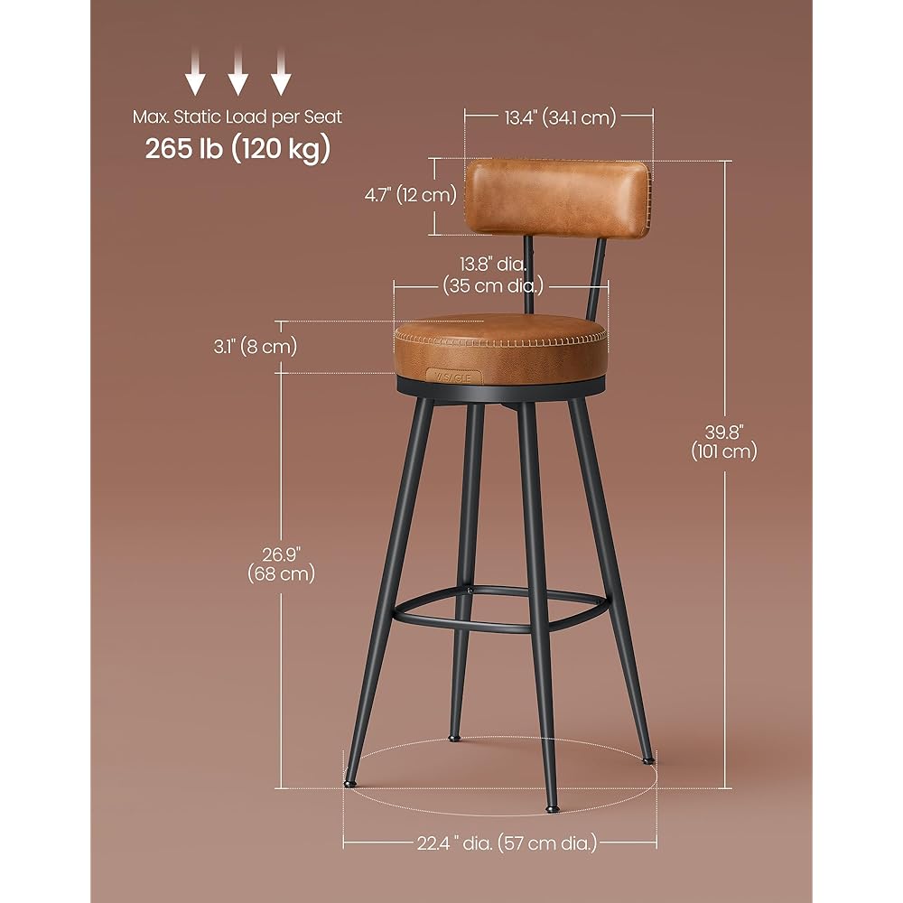 VASAGLE EKHO Collection - Bar Stools Set of 2, Swivel Bar Height Bar Stools with Back, Synthetic Leather with Stitching, Mid-Century Modern, 30-Inch Tall Barstools for Kitchen Home Bar, Caramel Brown : Home & Kitchen