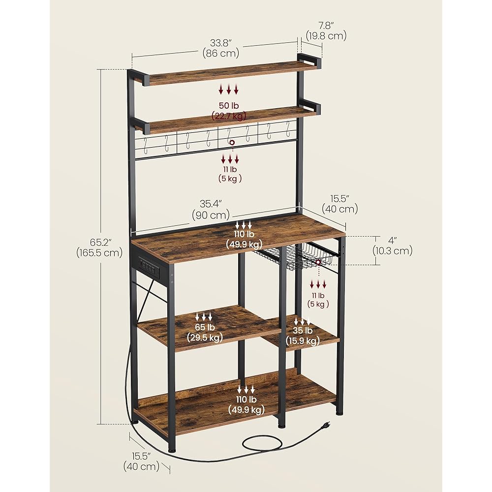- VASAGLE Bakers Rack with Power Outlet, 35.4 Inches Microwave Stand, Coffee Bar, 4 AC Outlets, with Adjustable Shelves, 8 S-Hooks, Basket, Spice Racks, Rustic Brown and Ink Black UKKS031K01 - Standing Baker's Racks