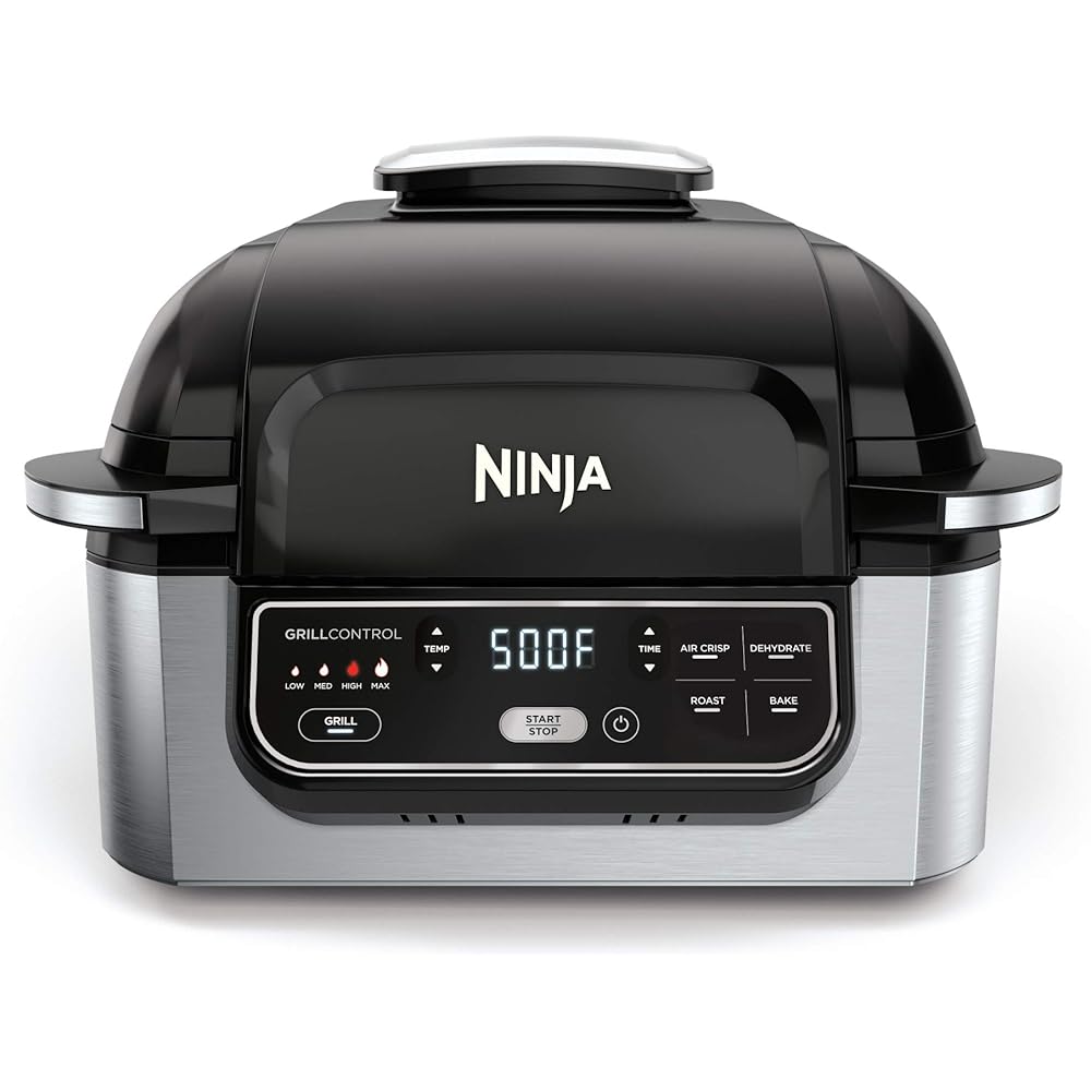 Ninja | Indoor Grill | Foodi | 5-in-1 (Grill, Air Fry, Roast, Bake, and Dehydrate | Fits up to 3lb Roast | Smoke Control System and Dishwasher Safe Parts| Black/Grey | AG301