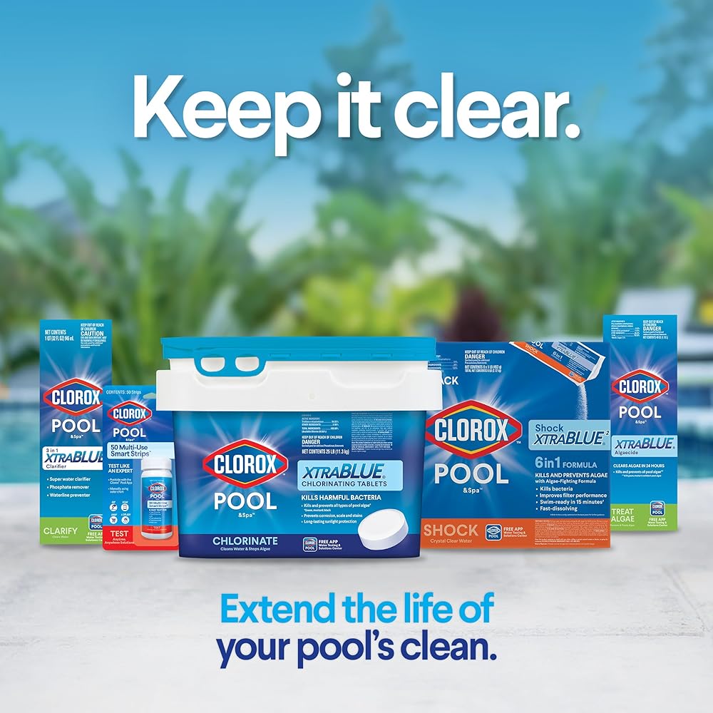 : Clorox® Pool&Spa™ XtraBlue 3” Swimming Pool Chlorinating Tablets, Kills Bacteria & Stops Algae (25 LB) : Patio, Lawn & Garden
