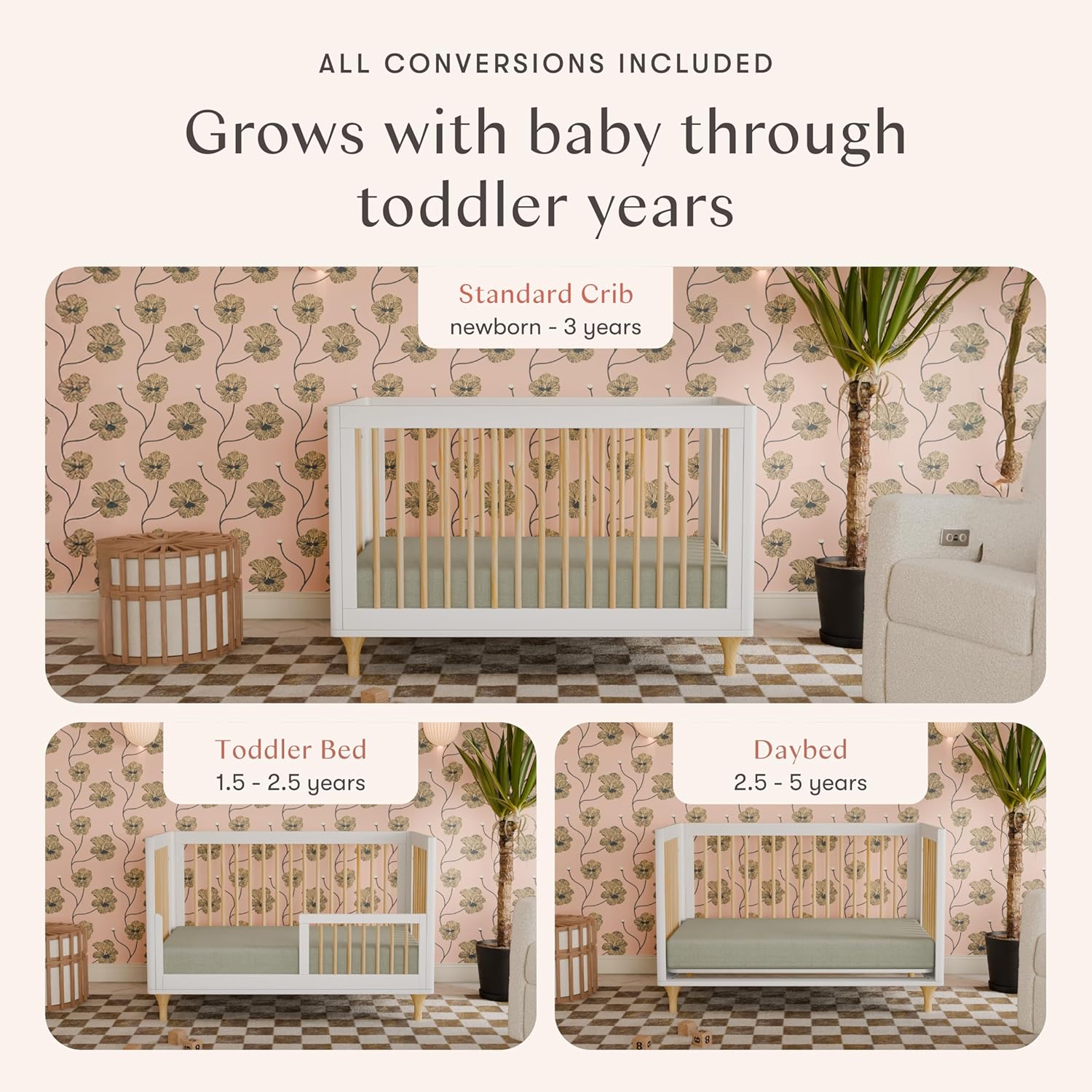 Babyletto Lolly 3-in-1 Convertible Crib with Toddler Bed Conversion Kit in White and Natural, Greenguard Gold Certified : Baby