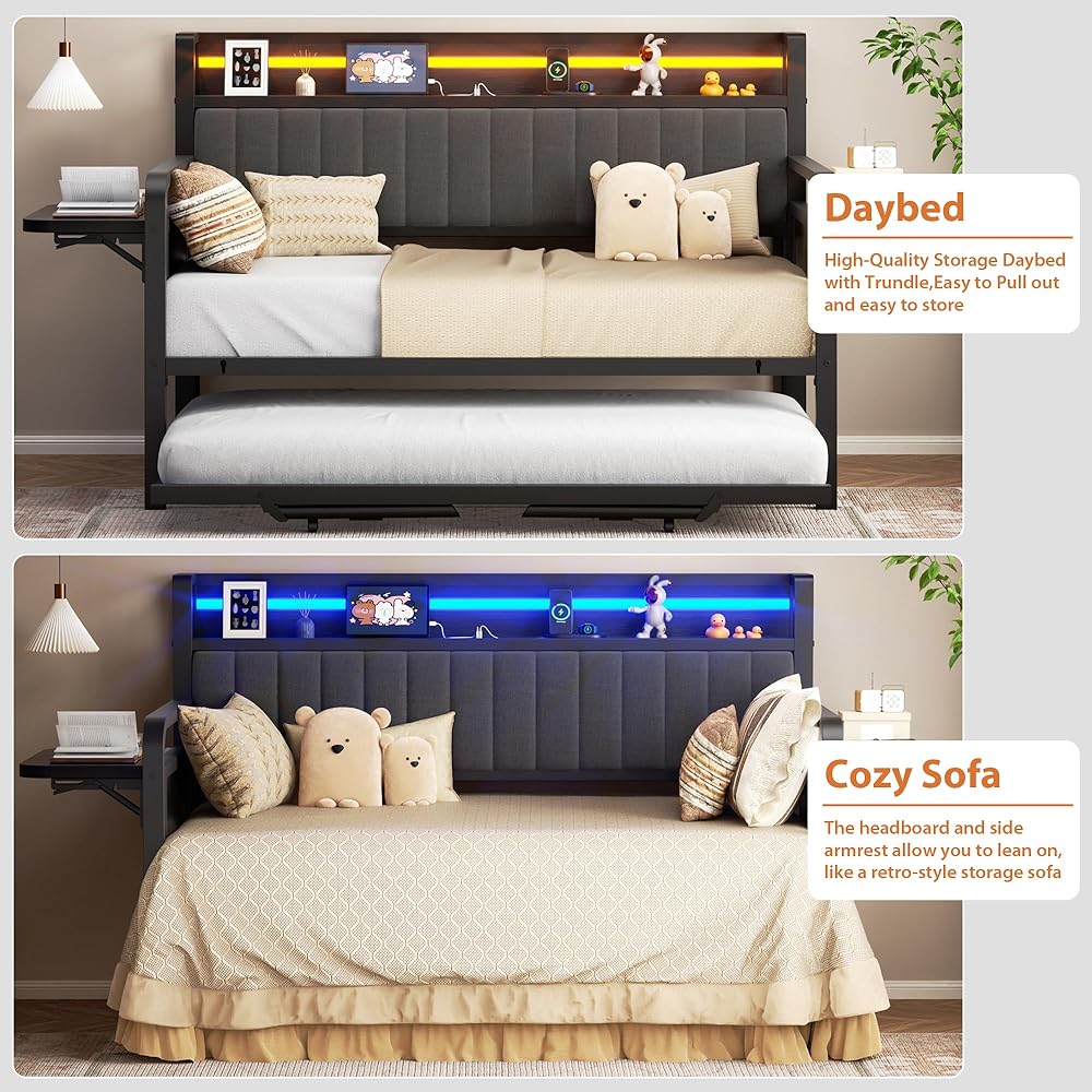 Daybed with Trundle and LED Light, Heavy Duty Metal Twin Bed Frame with Upholstered Storage Headboard & Charging Station, Day Bed Pop Up Trundle Bed Twin for Living Room,Bedroom and Guest Room (Black) : Home & Kitchen