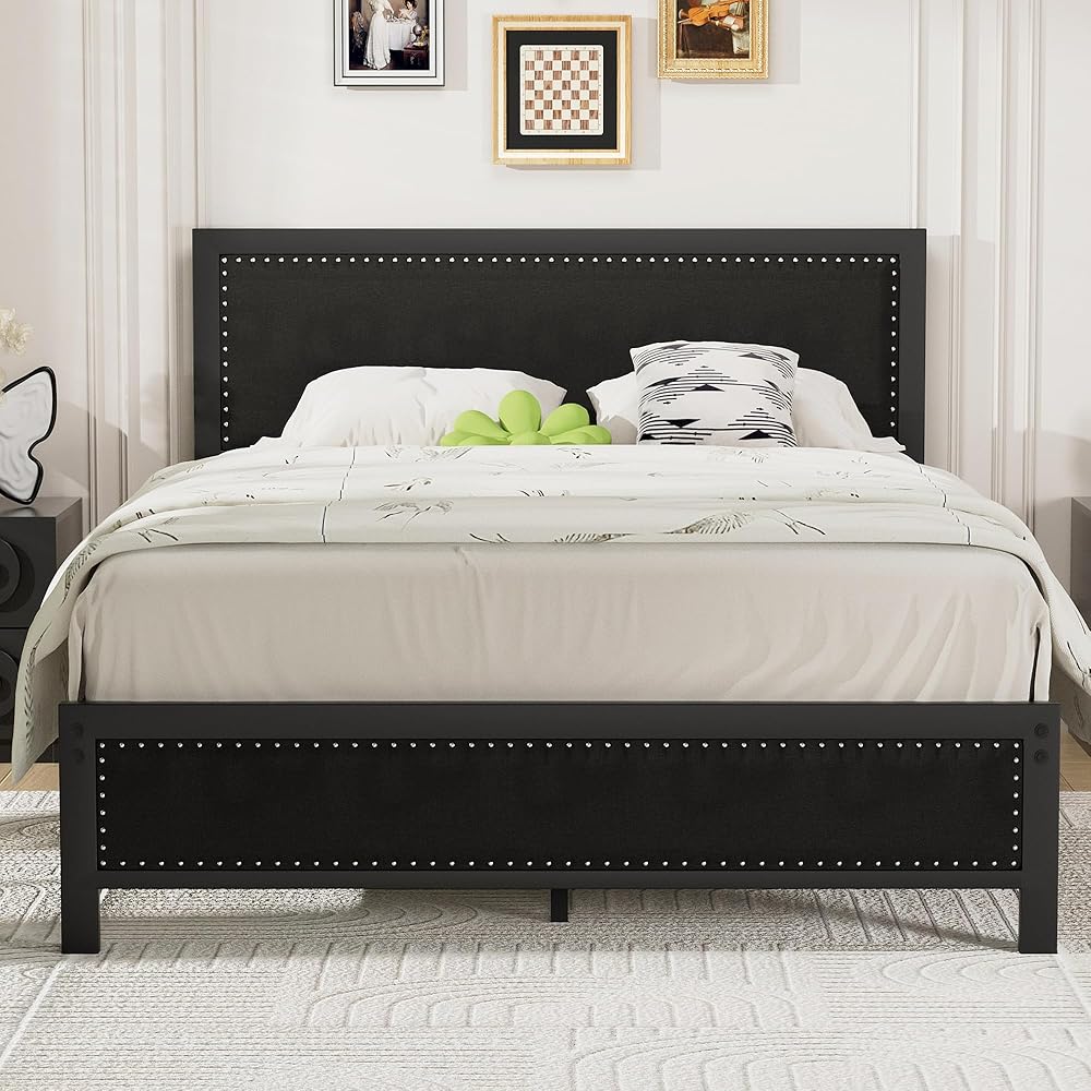 VECELO Queen Size Bed Frame with Upholstered Headboard, Heavy-Duty Platform with Strong Metal Slats, No Box Spring Needed, Easy Assembly, Linen & Black : Home & Kitchen
