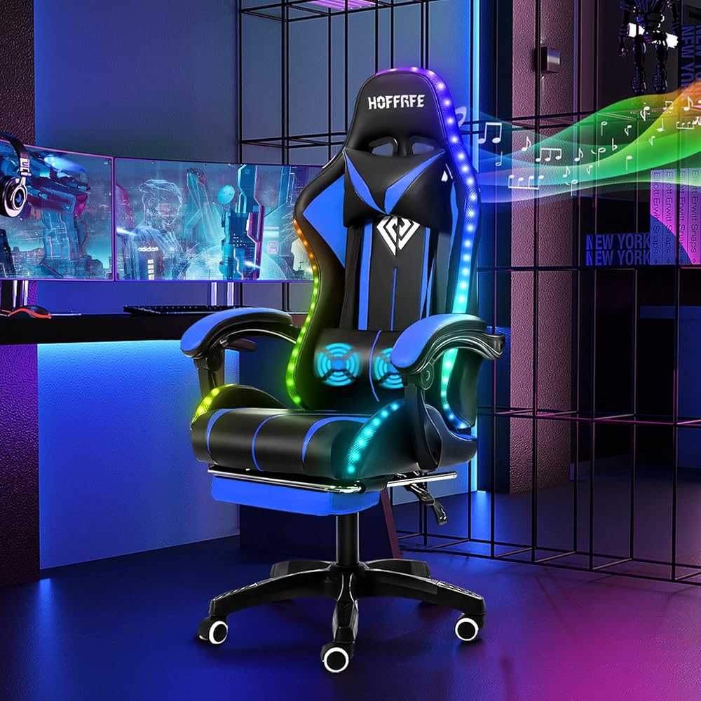 HOFFREE RGB Gaming Chair with Speakers Massage Computer Gaming Chair with LED Lights and Footrest High Back Video Game Chair for Adults Blue and Black : Home & Kitchen