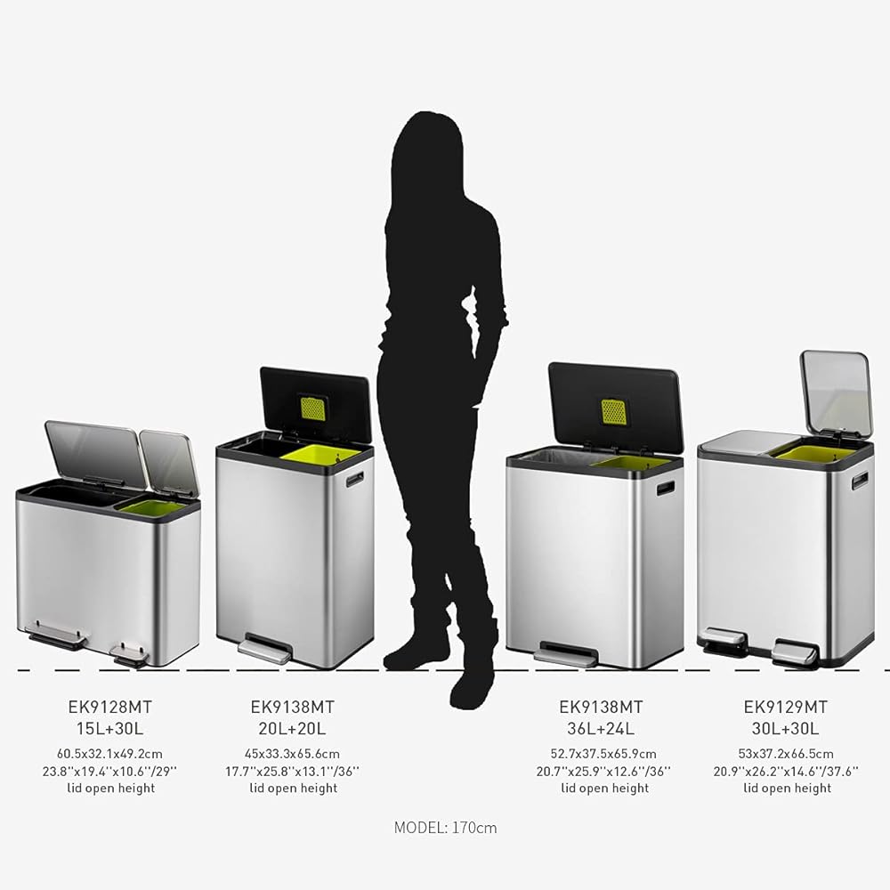 EKO EcoCasa 30L+30L Dual Trash Can with Recycle Bin, Stainless Steel Independent Pedals and Lids, 2 x 8 Gal Trashcans for Kitchen, Soft Close, Fingerprint Resistant : Home & Kitchen