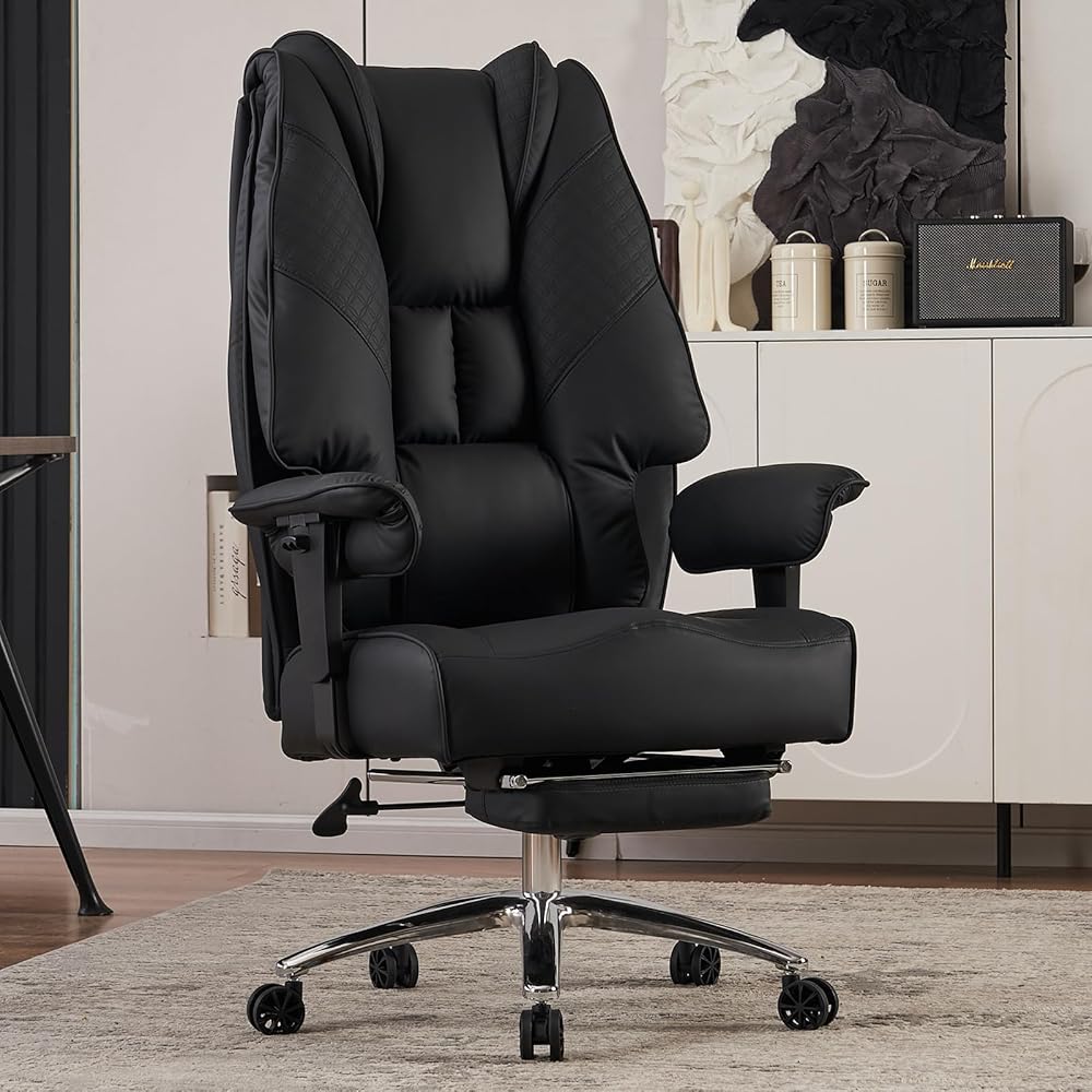 EXCEBET Big and Tall Office Chair 400lbs Wide Seat, Leather High Back Executive Office Chair with Foot Rest, Ergonomic Chairs Lumbar Support for Lower Back Pain Relief (Black) : Home & Kitchen