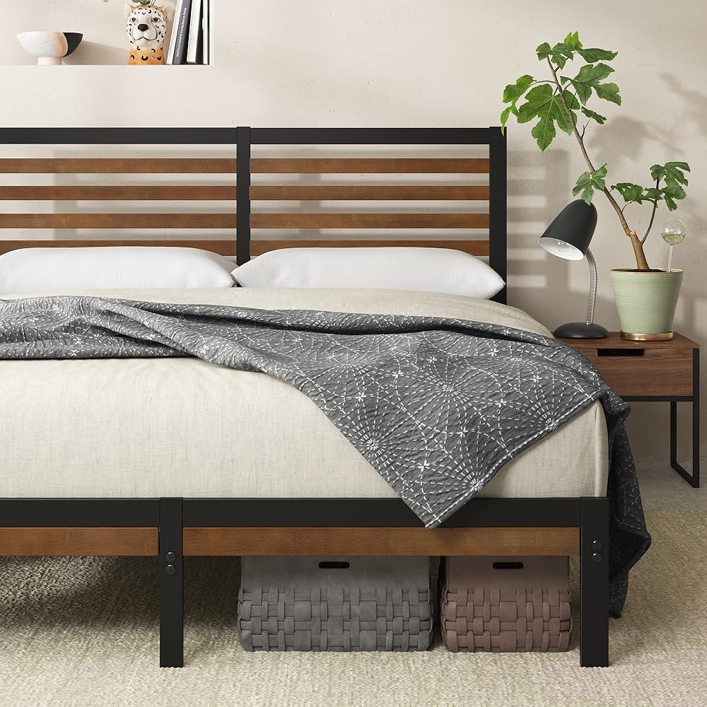 ZINUS Kai Bamboo and Metal Platform Bed Frame with Headboard, No Box Spring Needed, Easy Assembly, Queen, Brown