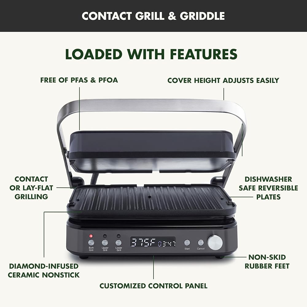 GreenPan 6-in-1 Multifunction Removable Plate Indoor Grill & Electric Griddle, Diamond Infused PFAS Free Ceramic Nonstick Reversible Plates, Opens Flat, Adjustable Temp, Panini Press, Black: Home & Kitchen