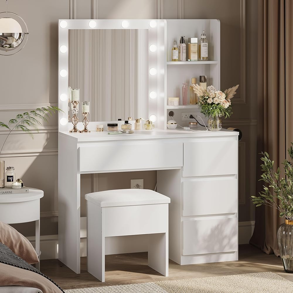 Decofy Vanity Desk with Mirror and 12 LED Lights, Makeup Vanity Table with Charging Station, 4 Drawers and Hairdryer Holder, Padded Stool with Storage, White : Home & Kitchen