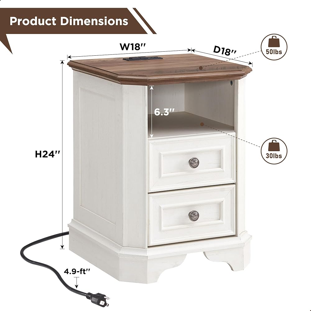 T4TREAM Farmhouse Nightstand with Charging Station, 18