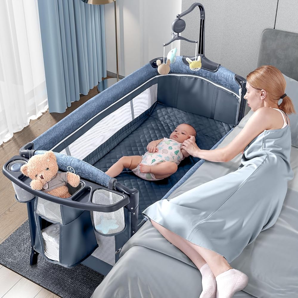 : BabyBond Baby Bassinet Bedside Crib, Pack and Play with Sheet, Diaper Changing Table and Music Mobile from Newborn to Toddles, Portable Large Playard : Baby