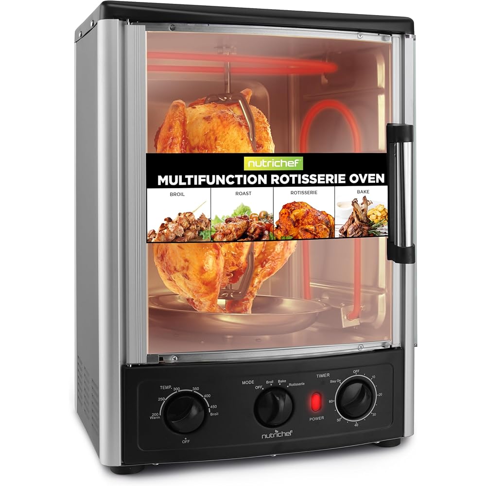 Nutrichef Vertical Countertop Oven with Rotisserie, Bake, Broil, & Kebab Rack Functions - Adjustable Settings - 2 Shelves - 1500W - Thanksgiving Turkey - Includes Grill, Kebab skewer racks & bake pan: Home & Kitchen