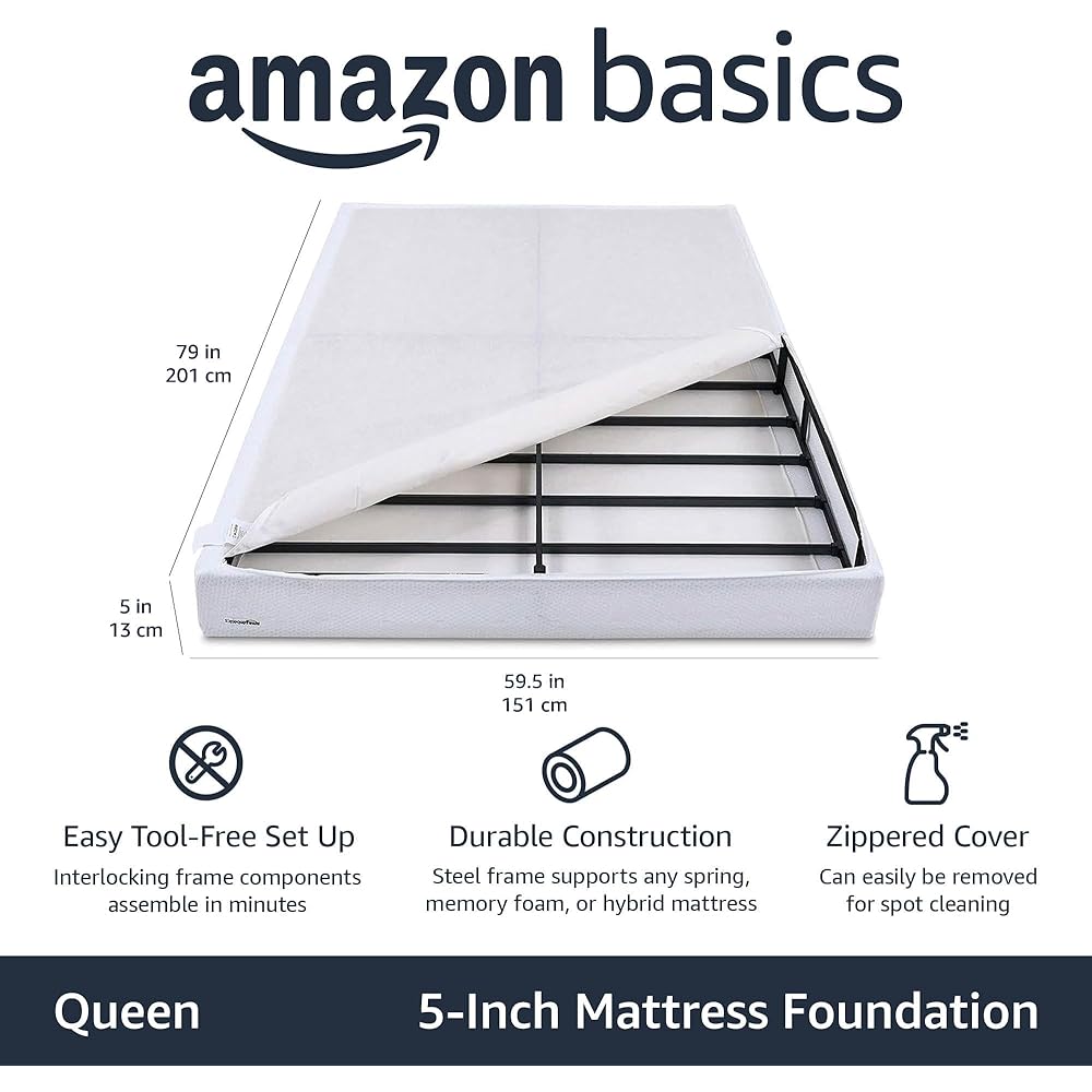 Amazon Basics Smart Box Spring Bed Base, 5-Inch Height Mattress Foundation, Tool-Free Easy Assembly, Queen, 79