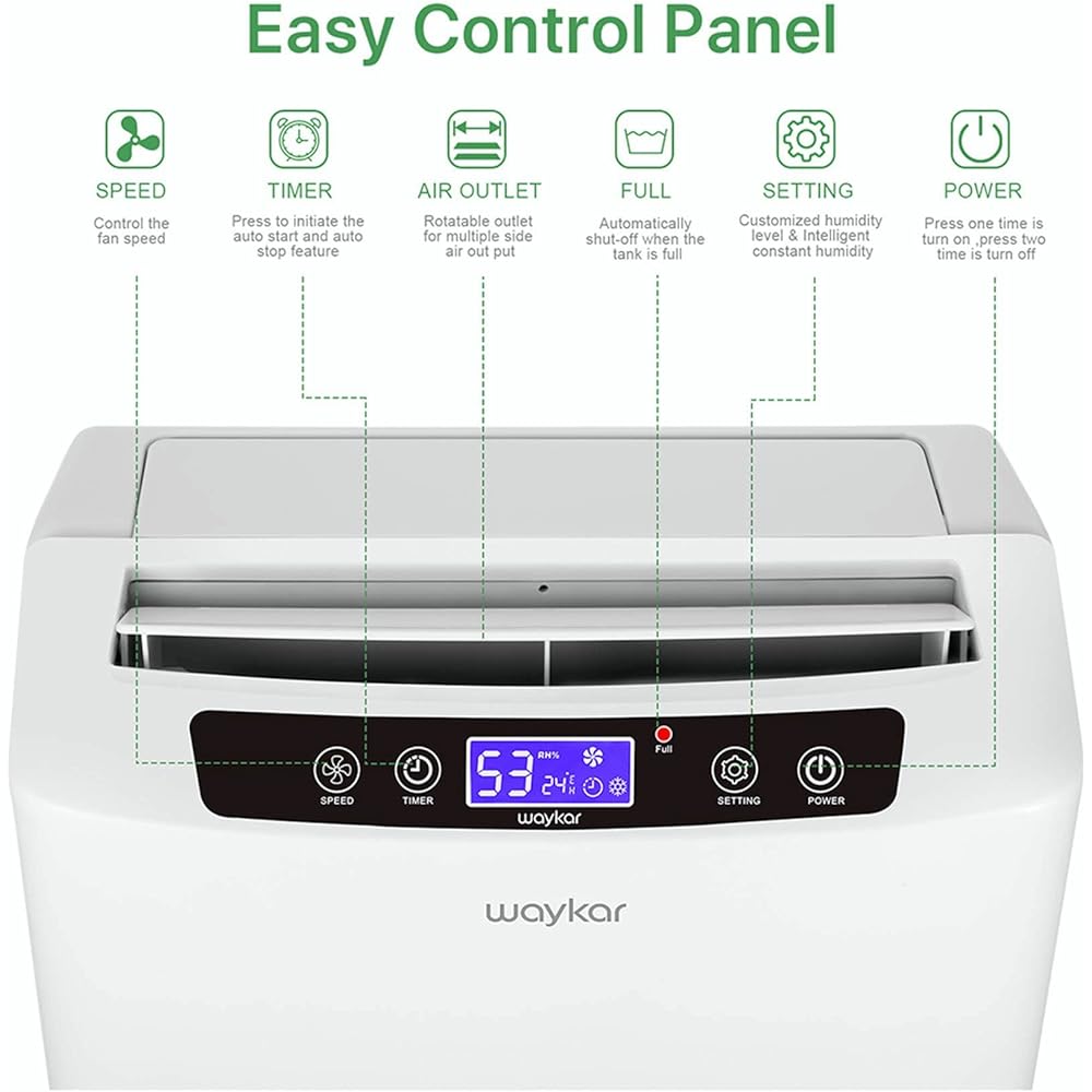 - Waykar 2000 Sq. Ft Dehumidifier for Home and Basements, with Auto or Manual Drainage, 0.66 Gallon Water Tank Capacity