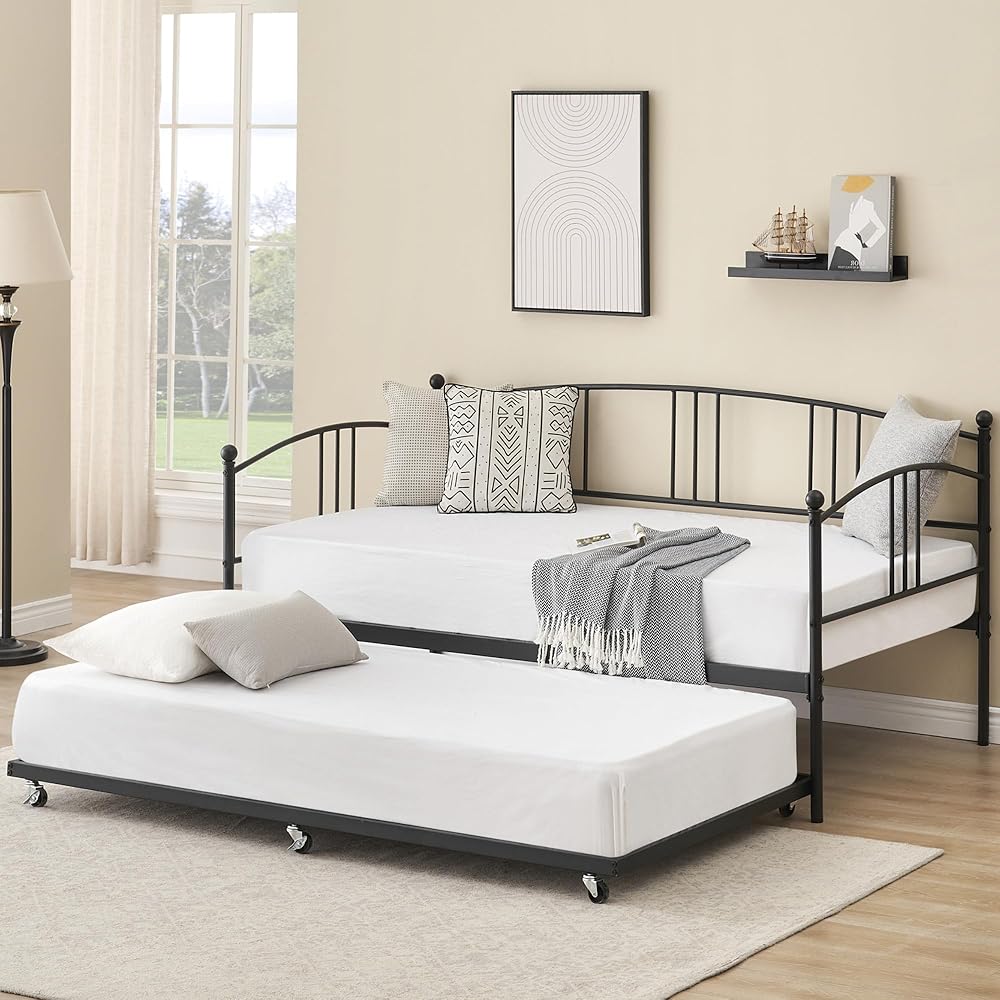IDEALHOUSE Daybed with Trundle, Metal Twin Size Day Bed, Trundle Bed Twin with Heavy Duty Steel Slats Platform for Living Room, Bedroom and Guest Room, Black : Home & Kitchen