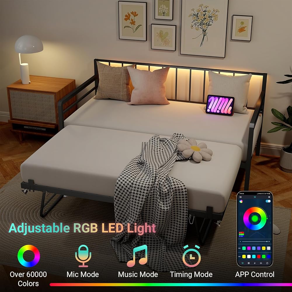 Zevemomo Twin Daybed with Pop Up Trundle, Metal Day Bed Frame with LED Lights and Charging Station, Day Bed with Trundle Bed Twin, Black Daybed for Living Room, Bedroom, Guest Room : Home & Kitchen