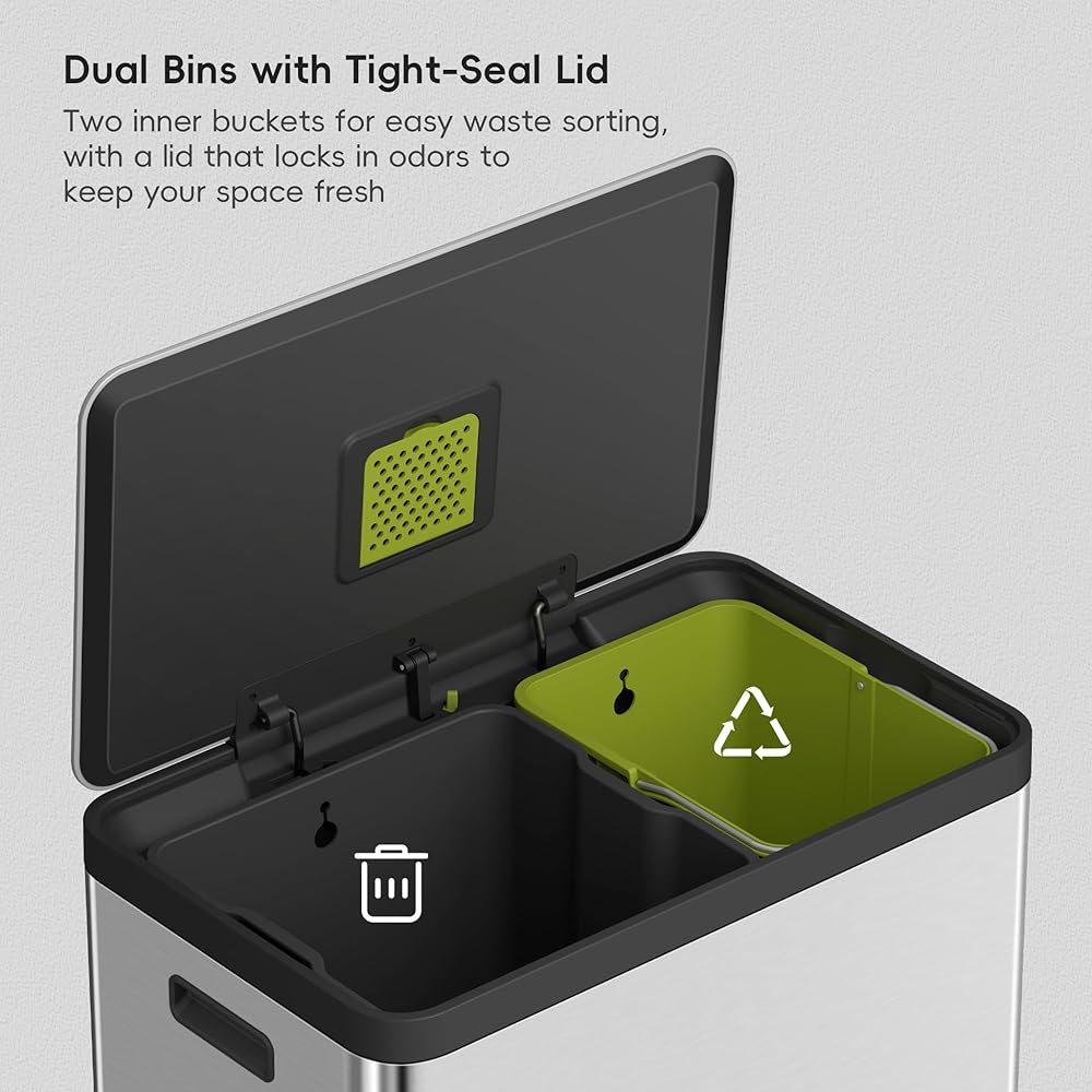 EKO EcoCasa II 36L+24L Dual Trash Can with Recycle Bin, Stainless Steel Garbage Can with Lid, Deodorizer Compartment, Odor-Proof and Fingerprint Resistant : Home & Kitchen