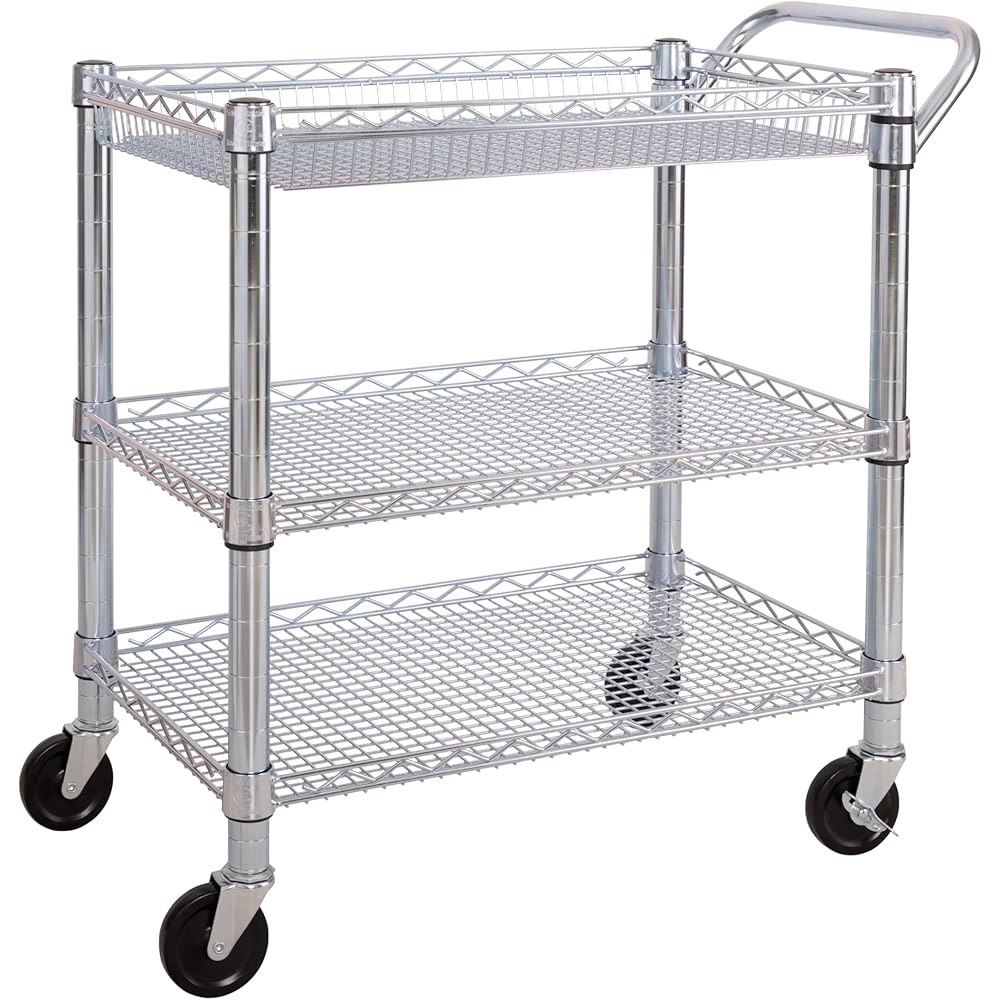 Seville Classics UltraDurable NSF Commercial Heavy Duty Metal Rolling Utility Cart, w/ Steel Shelves, Handle Bar for Restaurant, Garage, Warehouse, Kitchen, Office, Deep Top Basket (34.75
