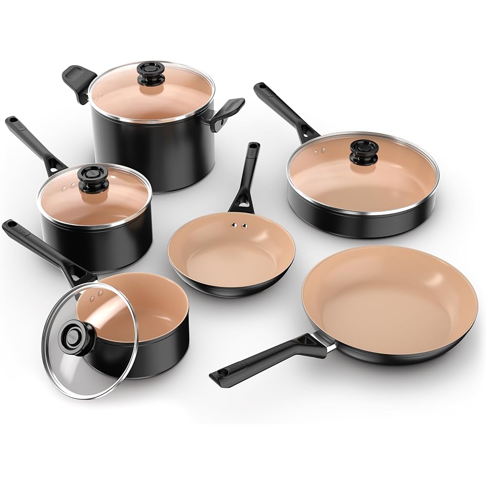 Ninja Pots and Pans Set Non Stick | Extended Life Select Ceramic Cookware Set | 10-Piece Nonstick | PFOA Free | Oven Safe to 350°F | Induction Compatible | CK89010BF