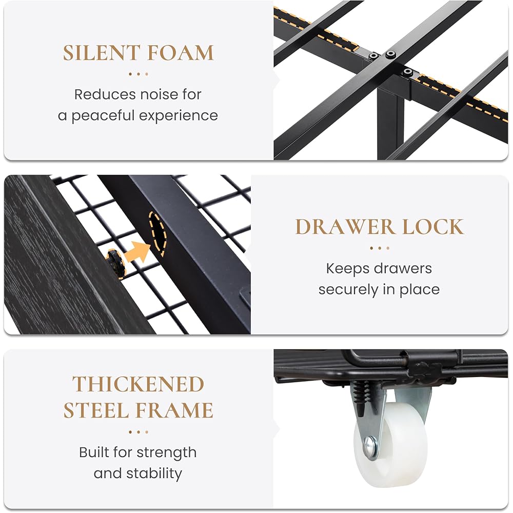 SHA CERLIN Queen Platform Bed Frame with 2 Large Storage Drawers, Rustic Wood and Metal, Noise-Free, Easy Assembly, No Box Spring Needed, Black : Home & Kitchen