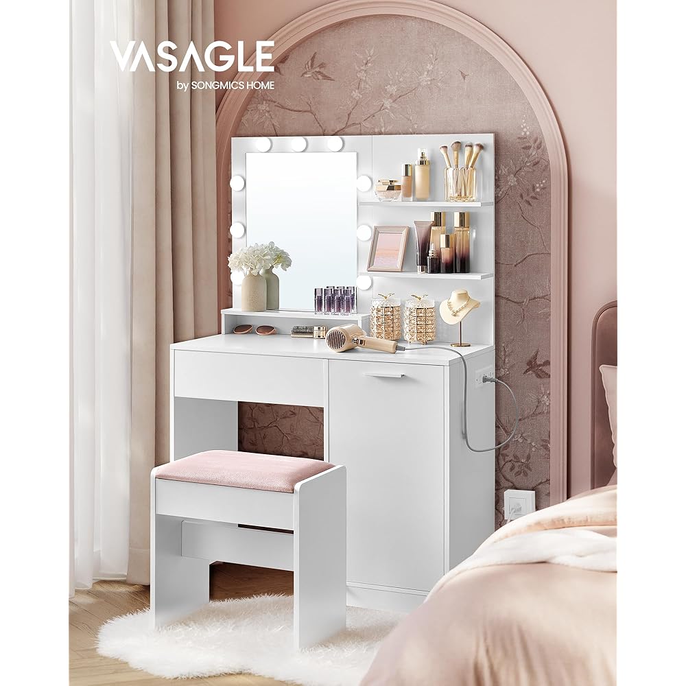 VASAGLE Vanity Desk with Mirror and Lights, 35.4-Inch Wide Makeup Vanity with Upholstered Vanity Stool, Power Outlets, Dimmable LED Lights, Storage Drawer, for Bedroom, Cloud White URDT128W01 : Toys & Games