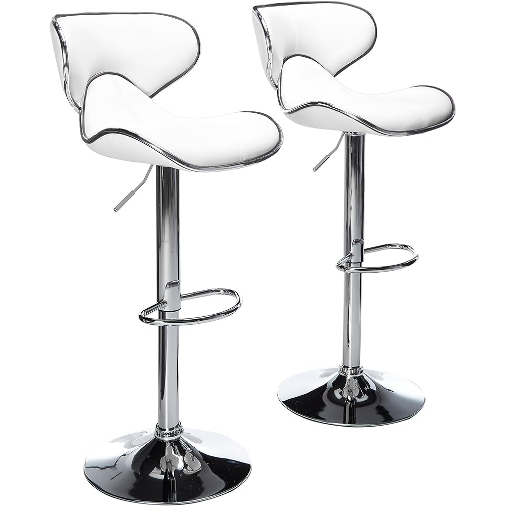 Roundhill Furniture Masaccio Cushioned Leatherette Upholstery Airlift Adjustable Swivel Barstool with Chrome Base, Set of 2, White