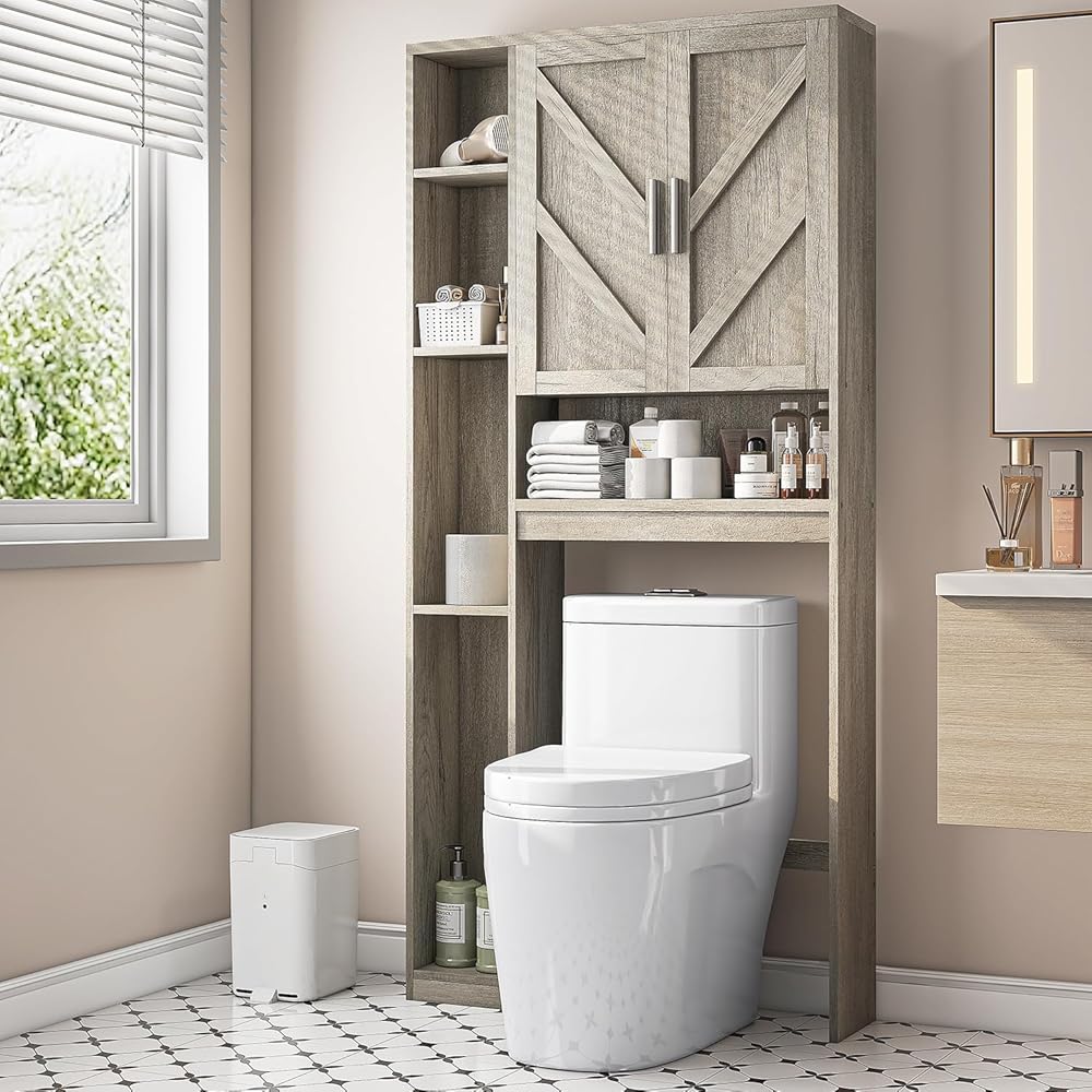 Over The Toilet Storage Cabinet with 7 Storage Shelves, Above Toilet Bathroom Organizer with Toilet Paper Holder Stand, Behind Toilet Cabinet, Space Saver for Restroom, Bathroom, Laundry, Grey : Home & Kitchen